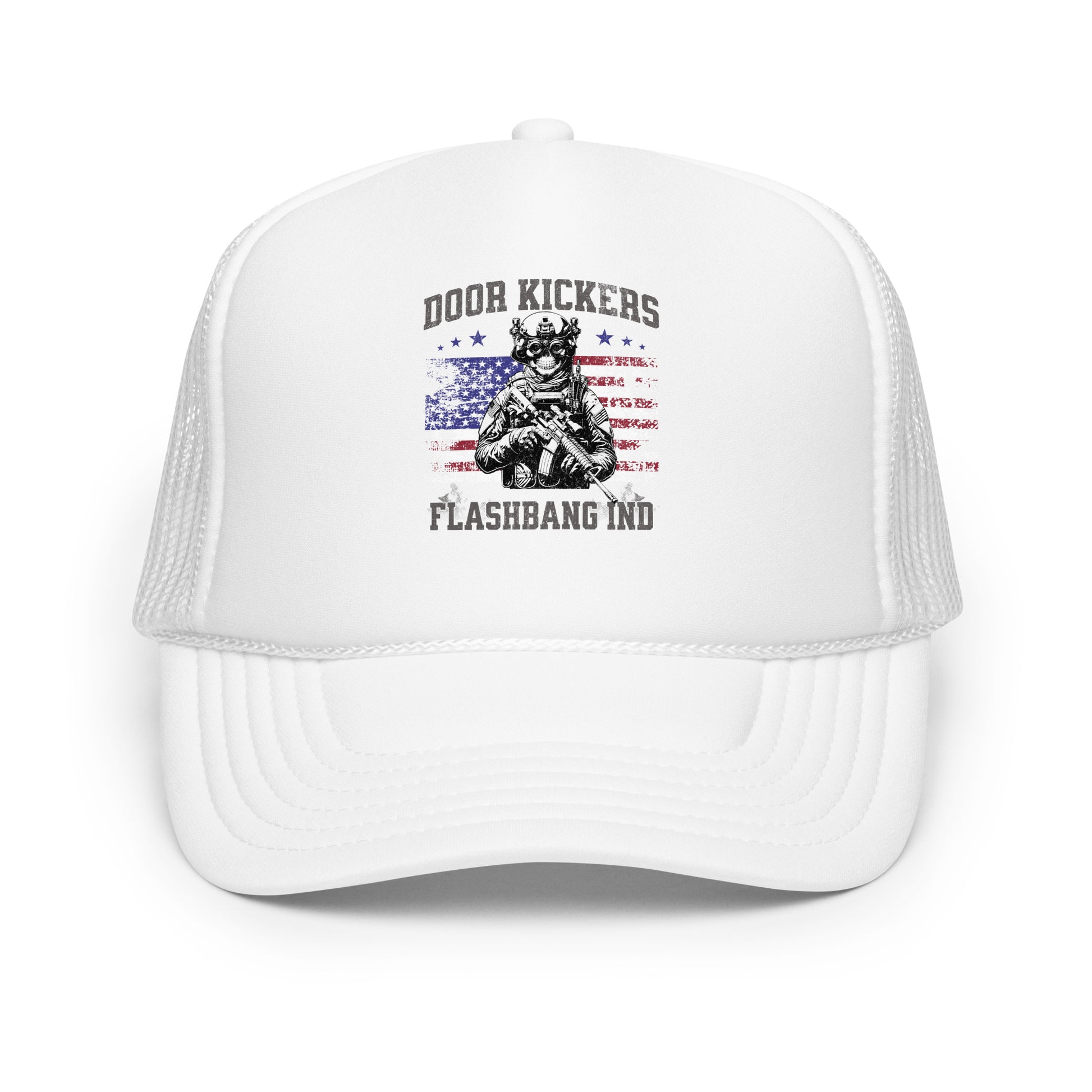 White trucker cap with graphic design and text on a white background