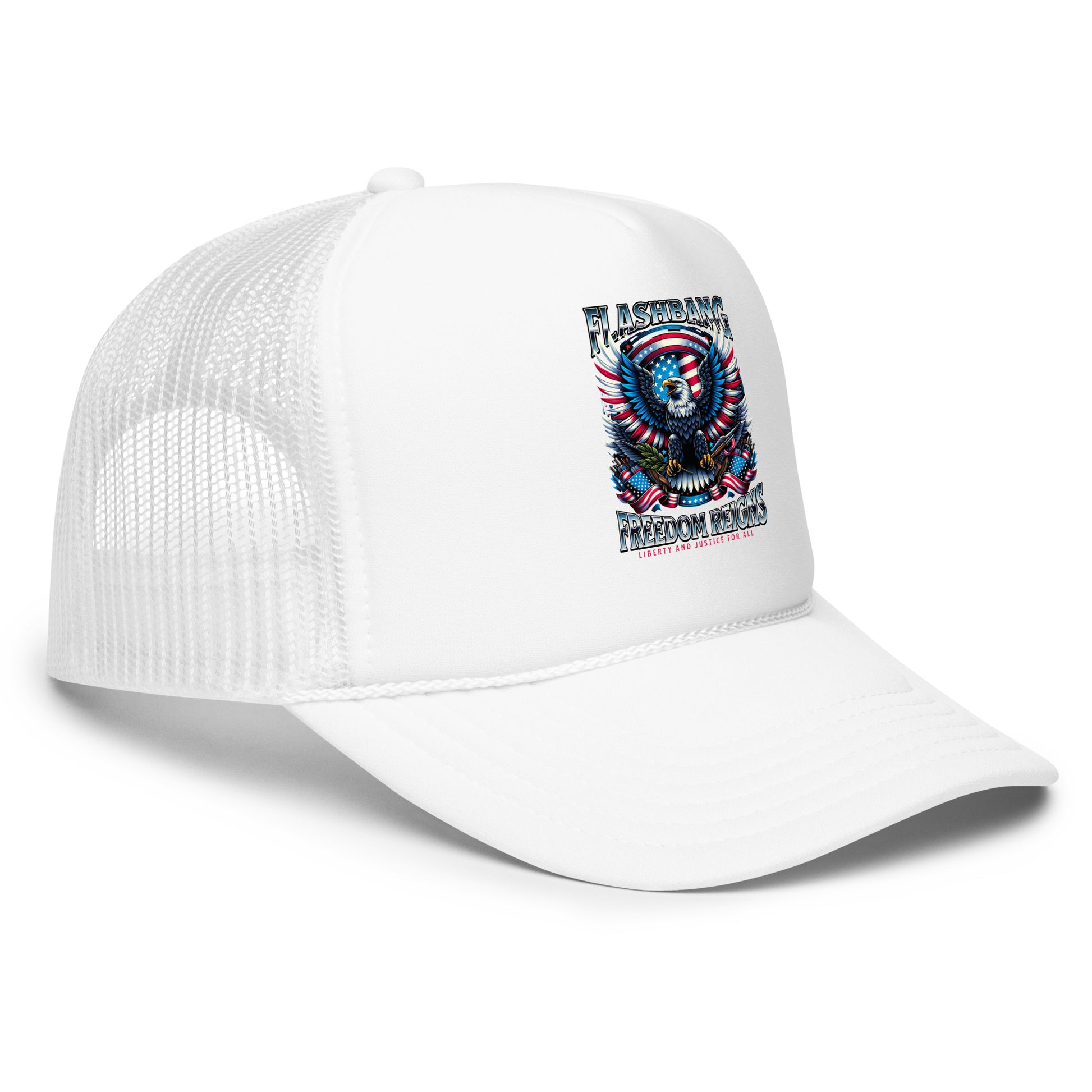 White trucker cap with a graphic design on a white background