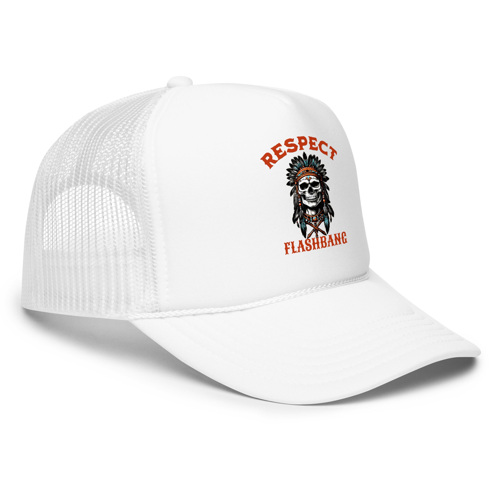 White cap with 'Respect Flashbang' logo on a white background