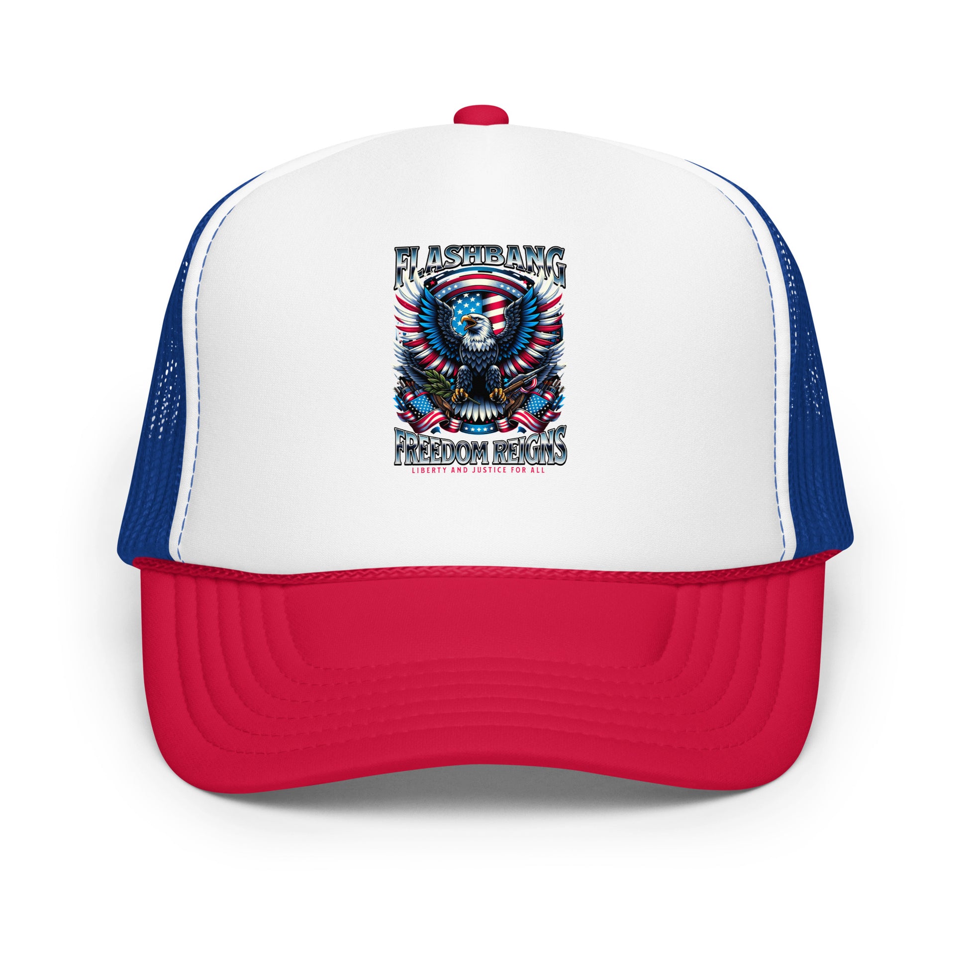 White and red trucker hat with blue mesh back, featuring a graphic design on a white background.