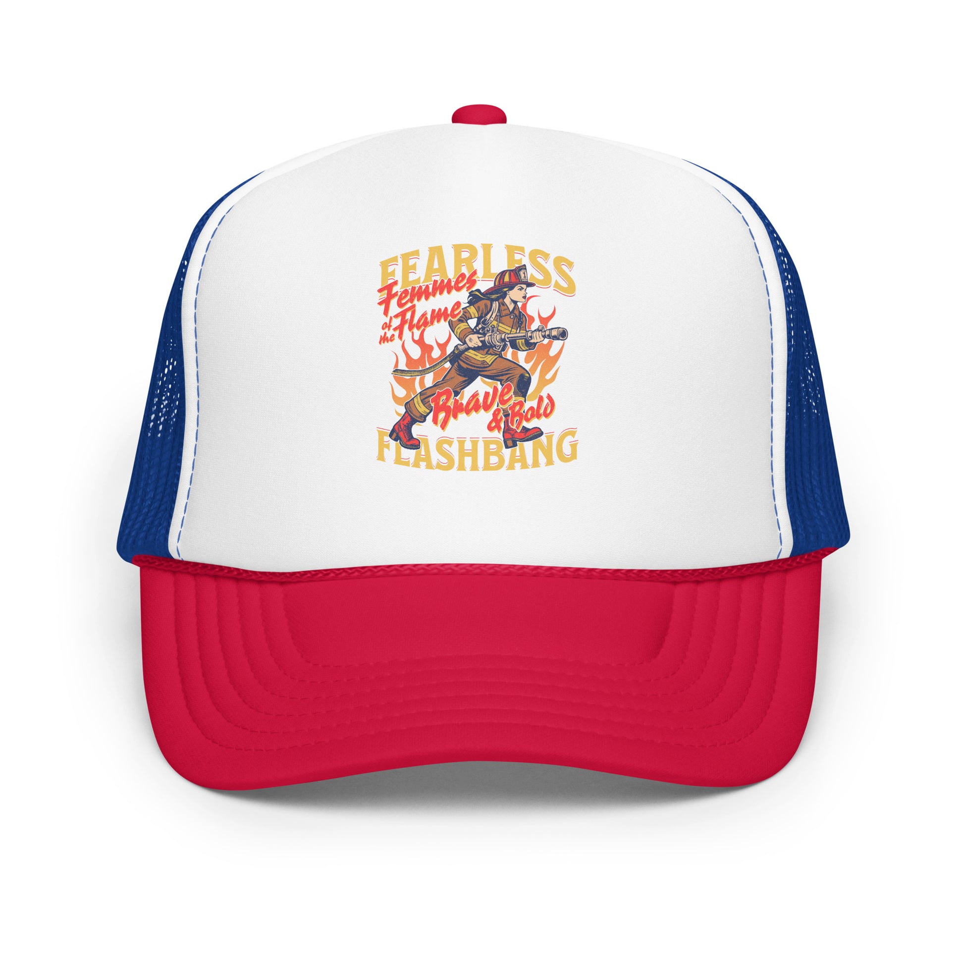 Trucker hat with colorful graphic and text on a white background