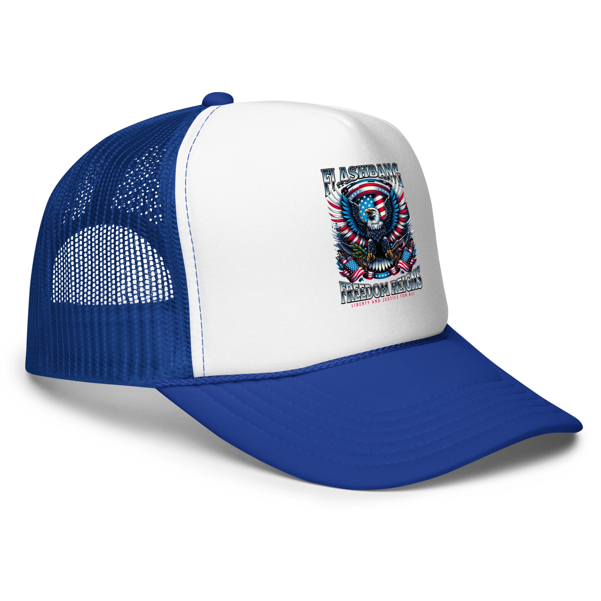 Blue and white trucker hat with a graphic design on a white background