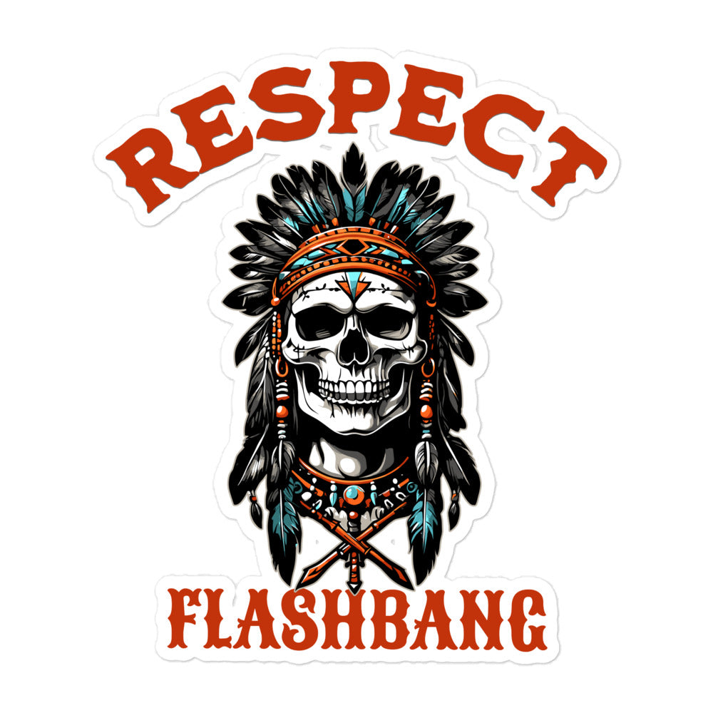 Skull with headdress and 'Respect Flashbang' text on a white background