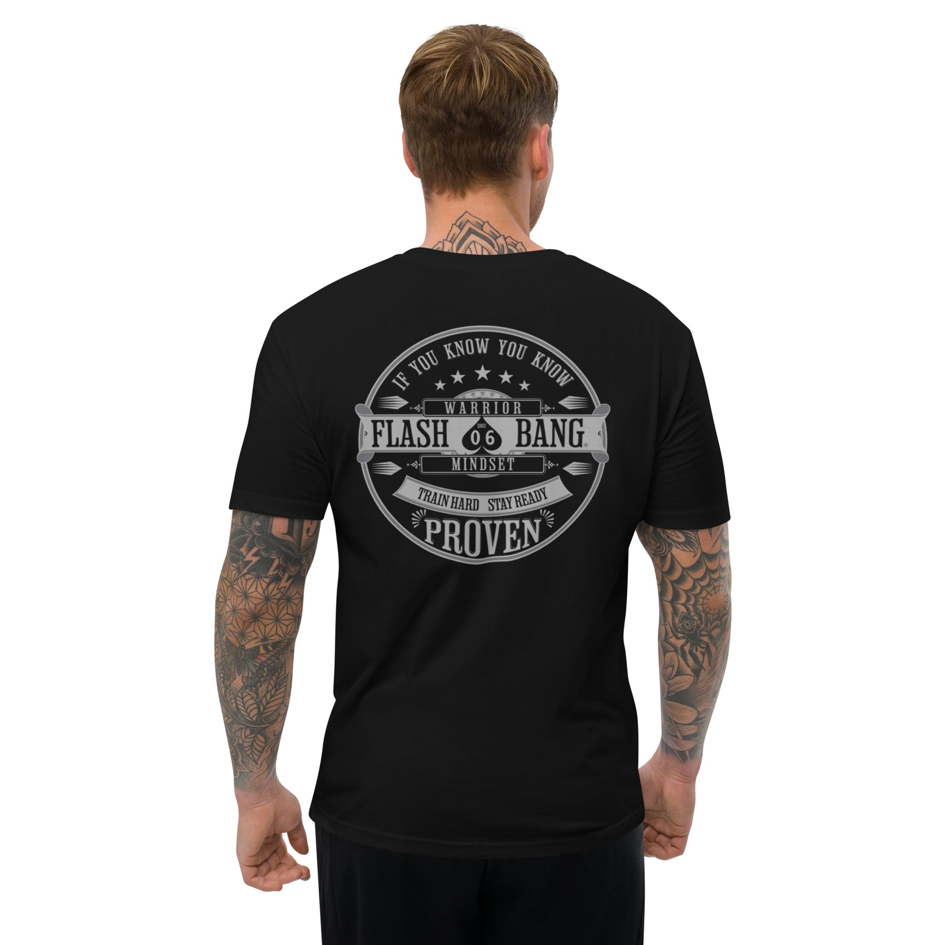 Warrior T-shirt - Train Hard Stay Ready. Veteran support, rugged durability, and powerful quotes for men who train hard - Back View - Black - Model Guy