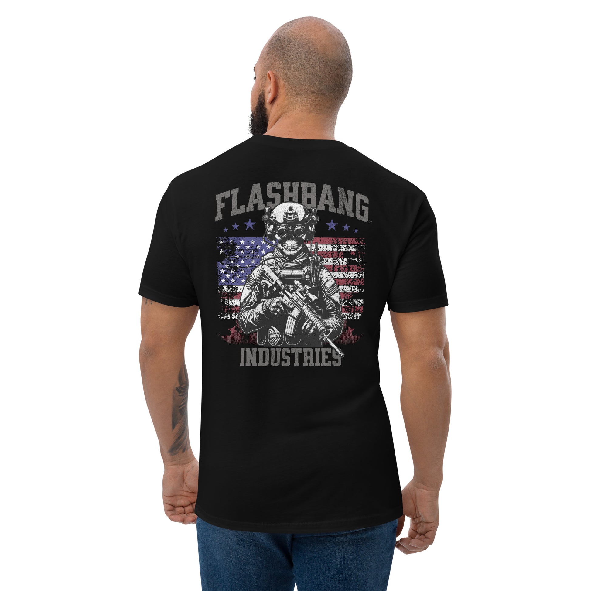 US Army T-shirt with USA flag and skull design. Operator T-shirt for men - Back View -Black - Model Guy