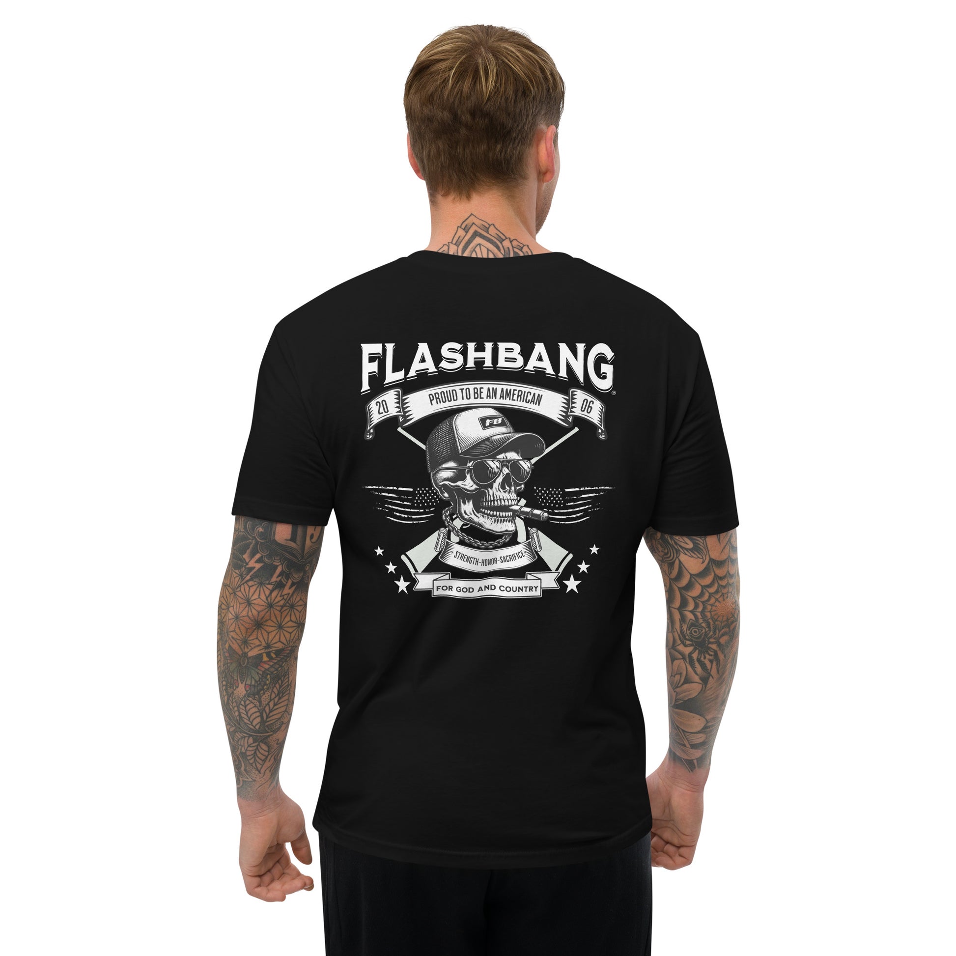 Proud American T-shirt with American flag graphic - Back View - Black - Model Guy