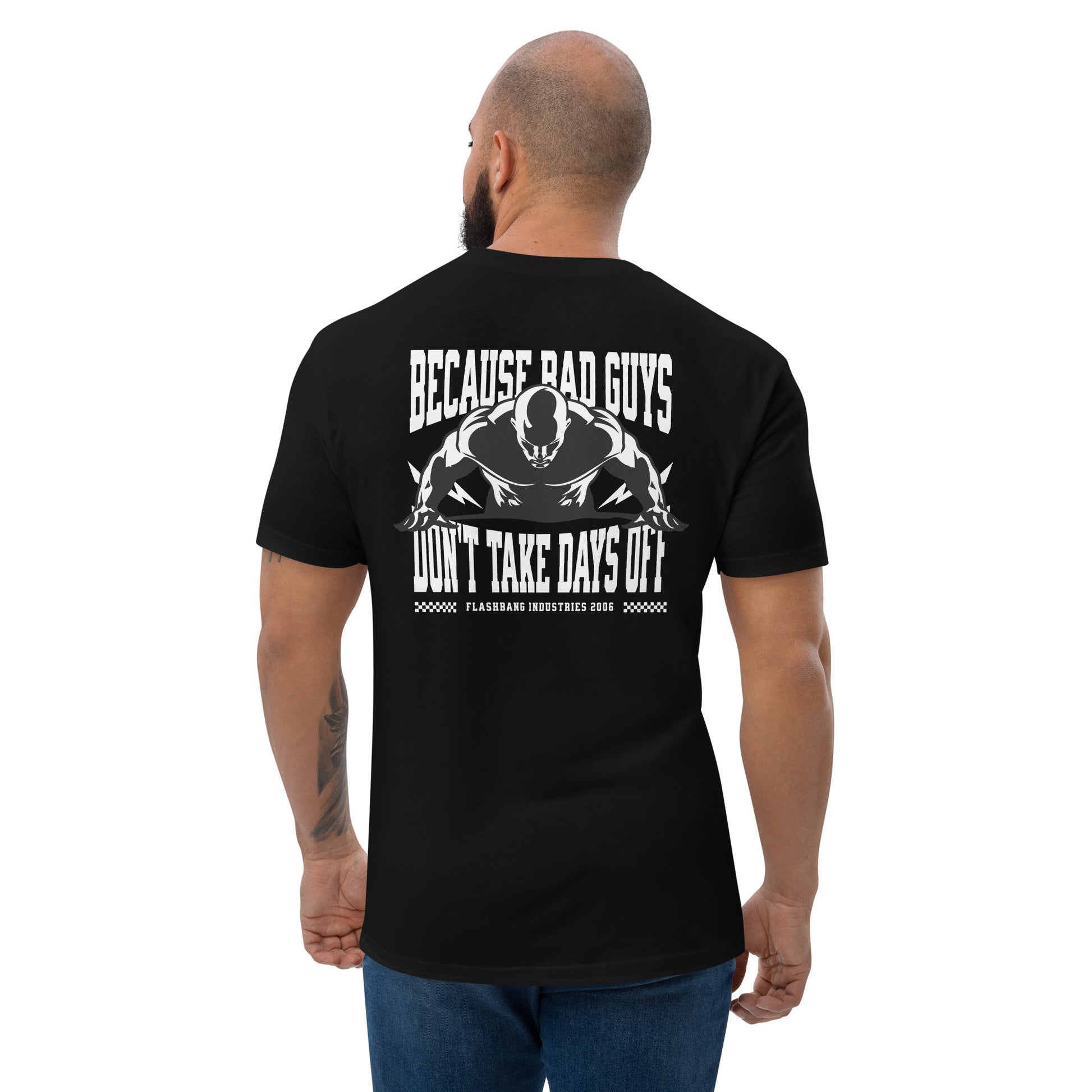No Days Off T-shirt for veterans, featuring a rugged design. Ideal for those who wear tactical apparel with pride and strength - Back View - Black - Model Guy