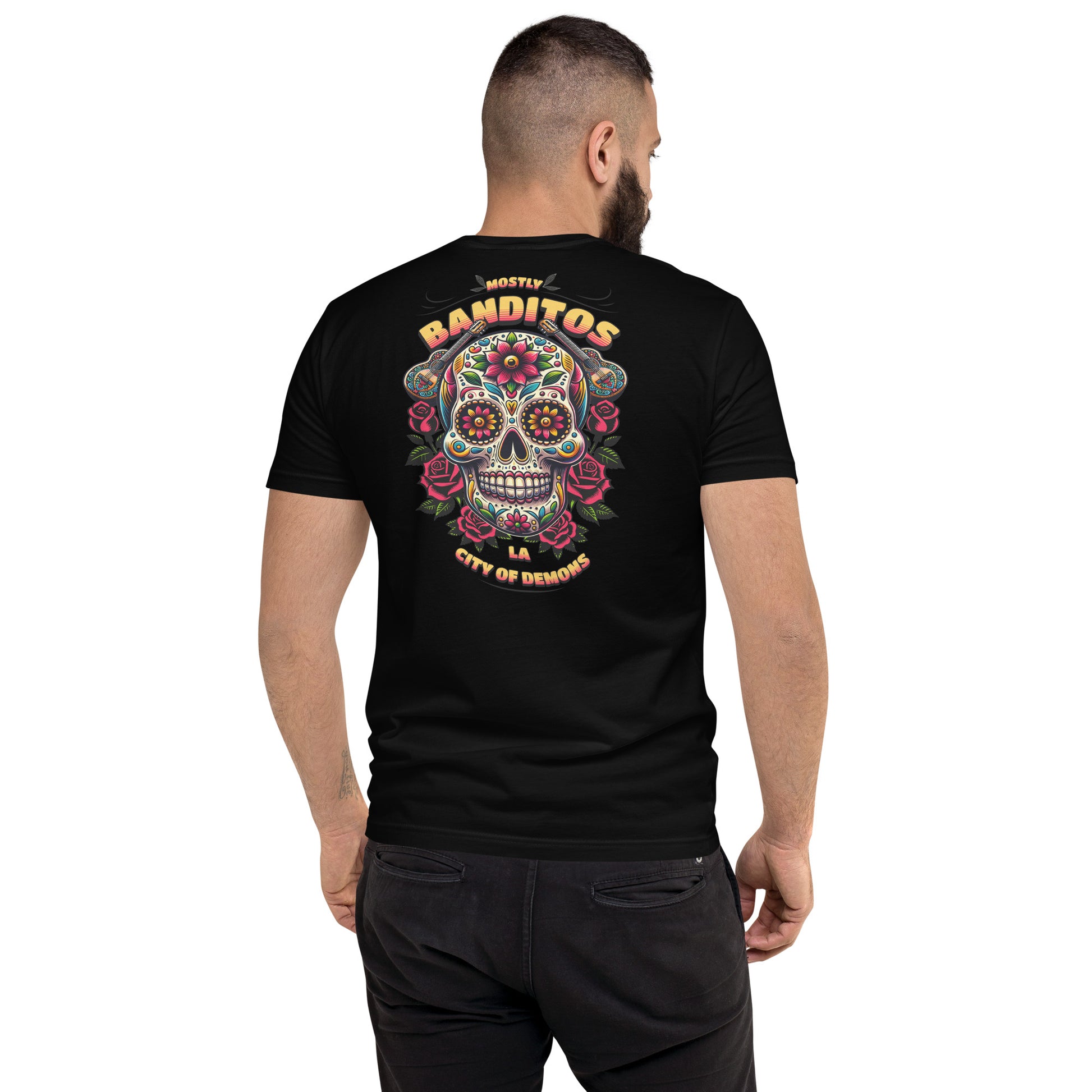 Banditos T-shirt – Skull Design for Men – Patriotic Style - Back View - Black - Model Guy