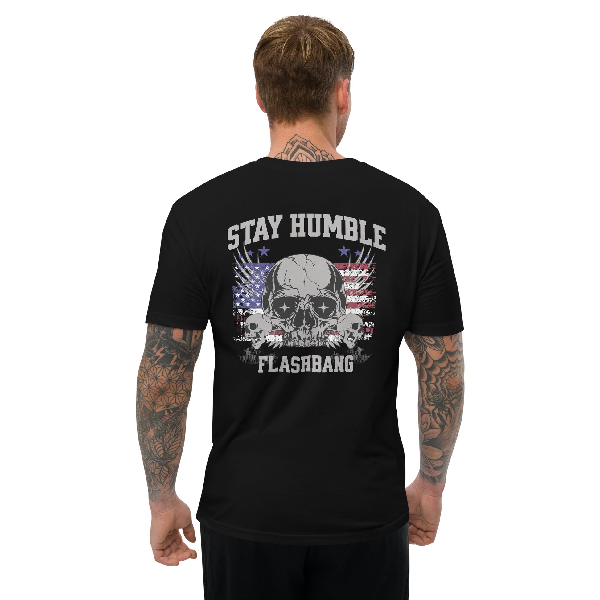 Stay Humble Skull T-shirt with American flag and skull graphic, a patriotic skull shirt - Back View - Black - Model Guy