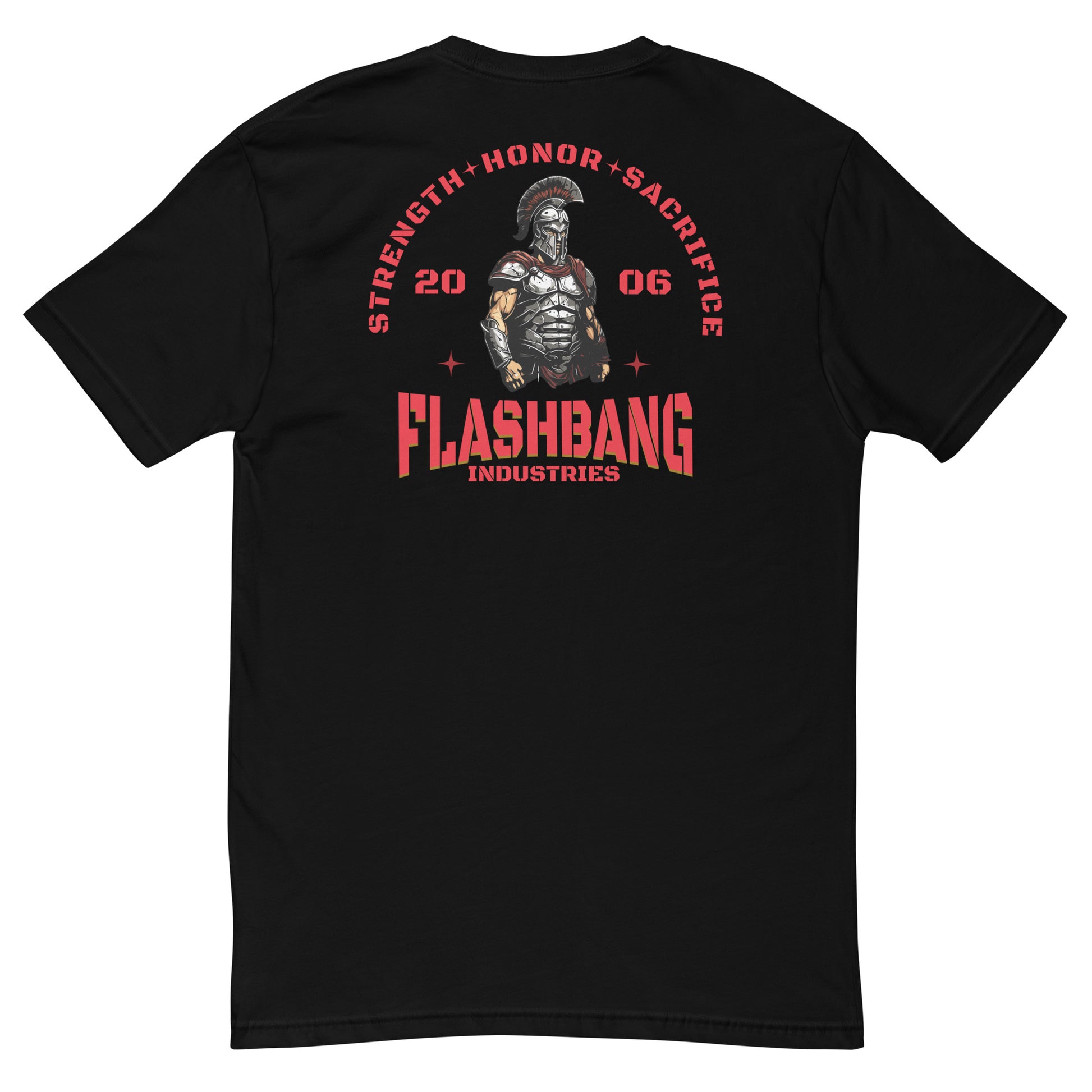 Black t-shirt with graphic design and text on a white background
