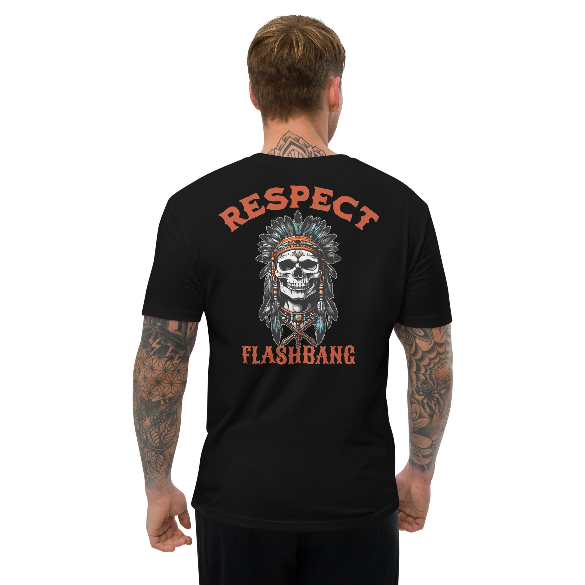 Black t-shirt with 'RESPECT' and 'FLASHBANG' design on the back, worn by a person.