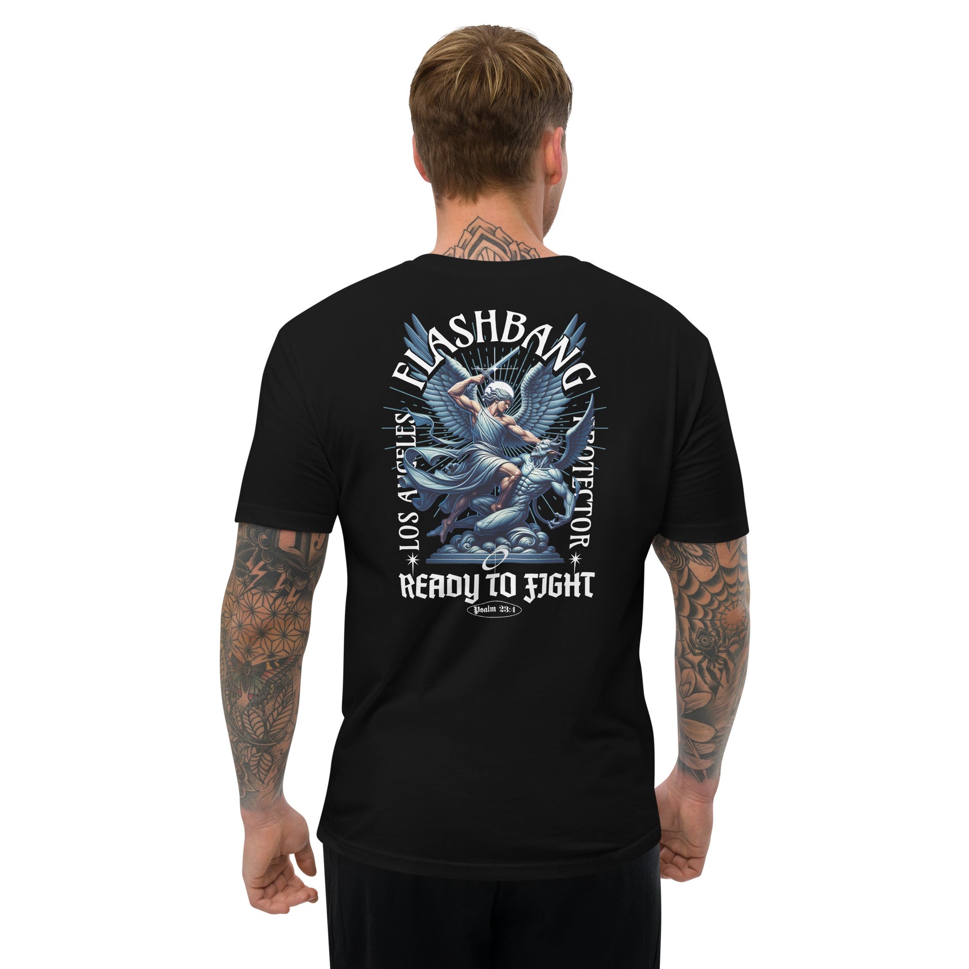 Man wearing a black t-shirt with 'Flashbang' graphic design on the back, on a white background