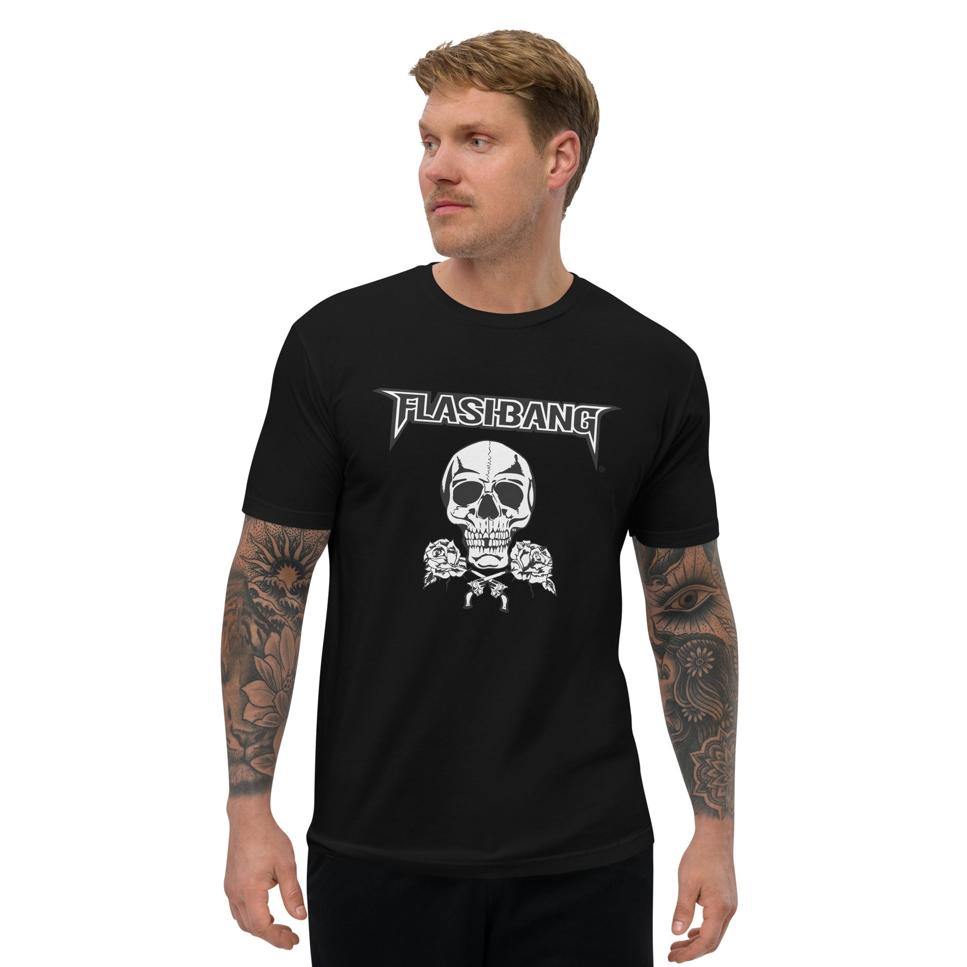 Skull and Roses RS T-shirt featuring a vintage skull and rose design - Front View - Black - Model Guy