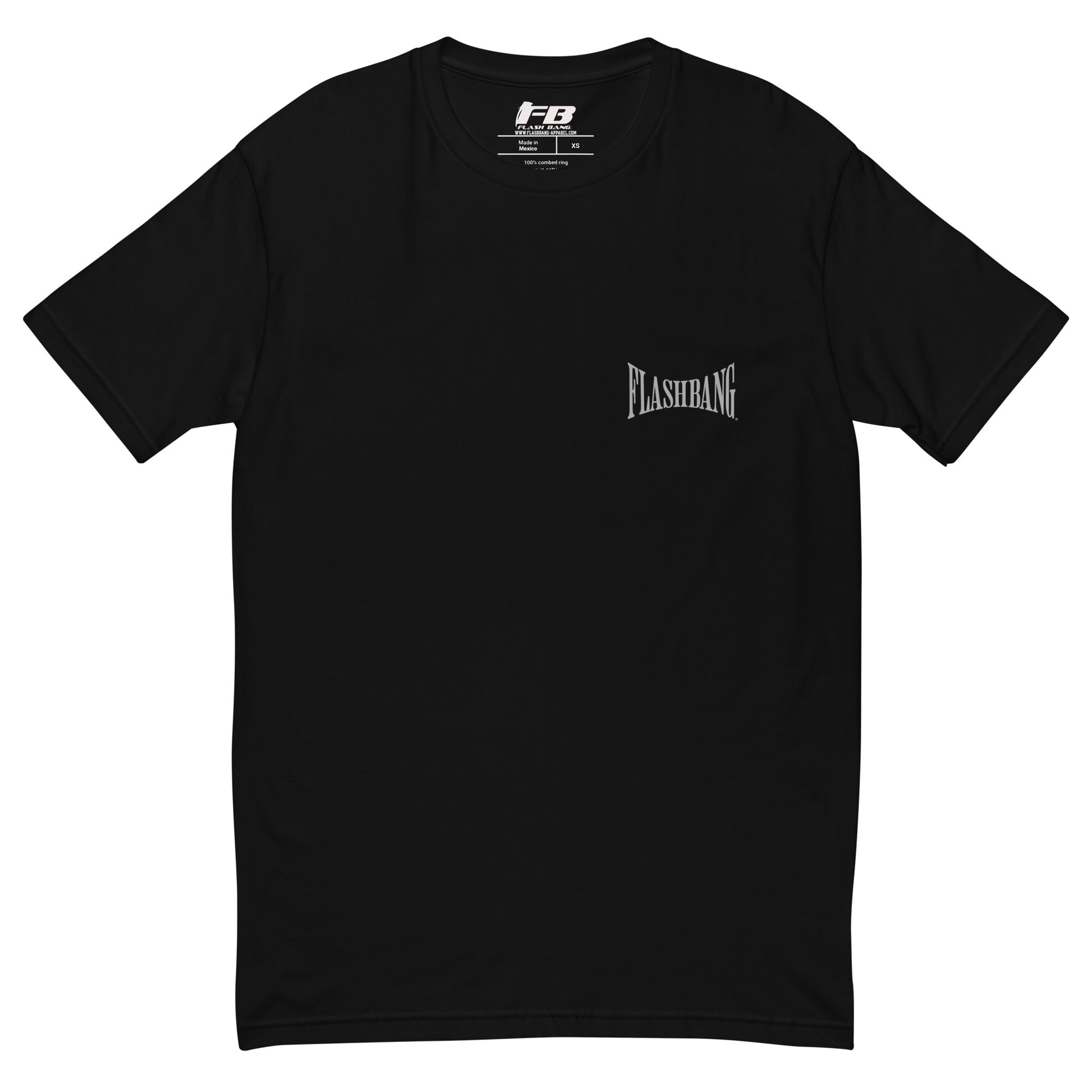 Proud American T-shirt with American flag graphic - Front View - Black with Flashbang Text