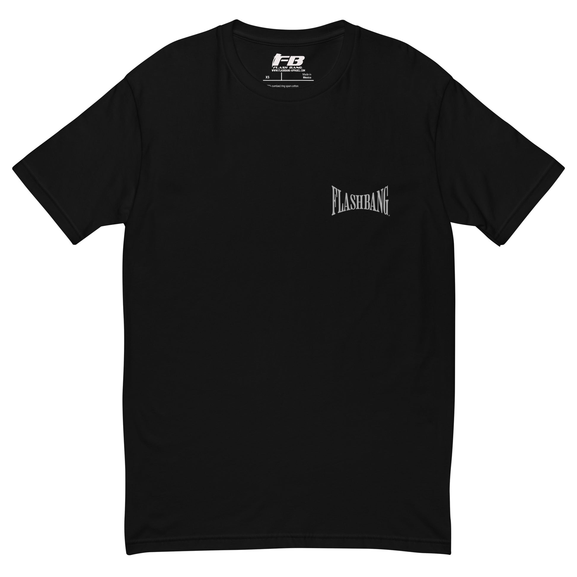 Bad Guys T-shirt with Spartan graphic, designed for powerlifters and gym enthusiasts. Features a workout motivation quote and bold style - Front View - Black with Flashbang Text