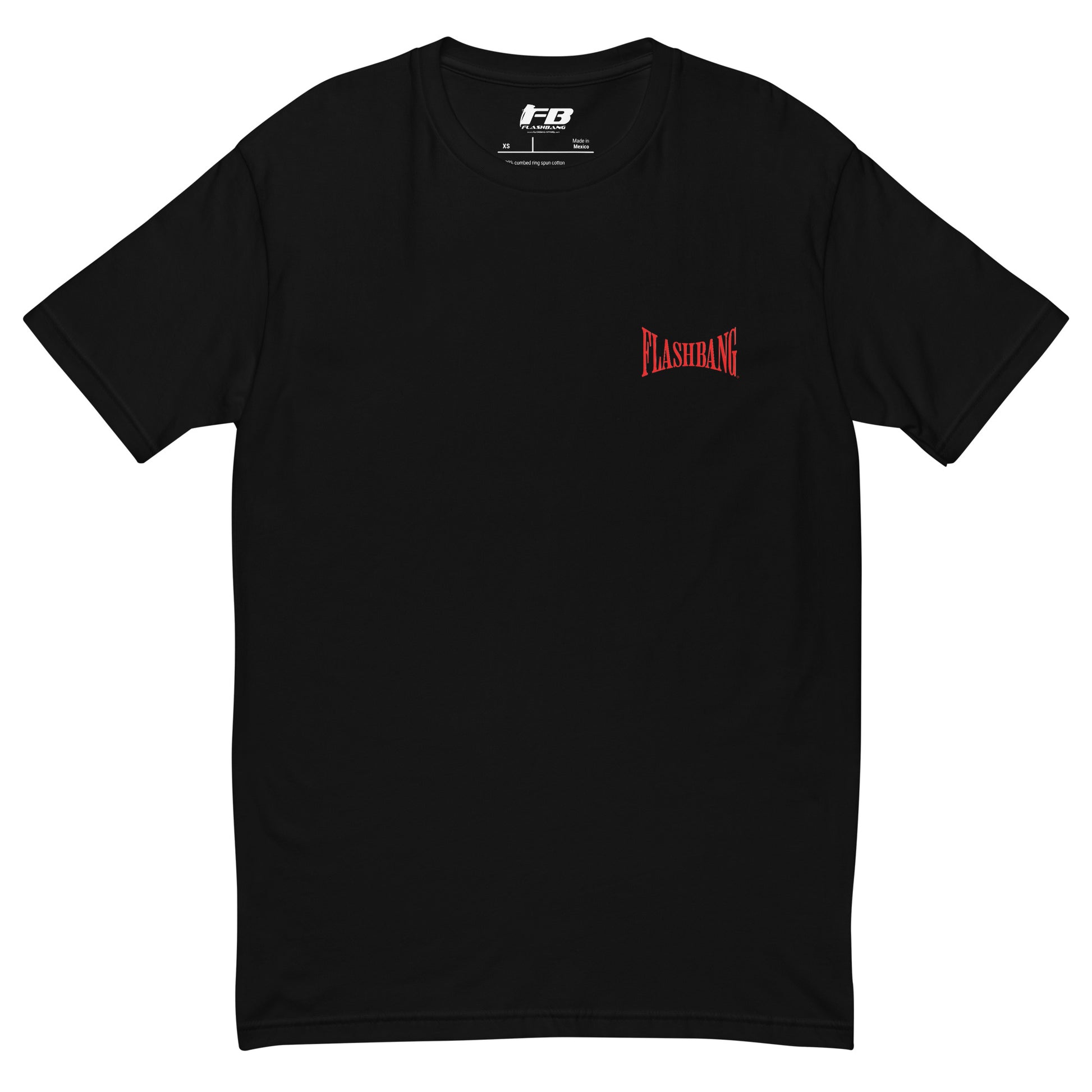 Black t-shirt with a red logo on a white background