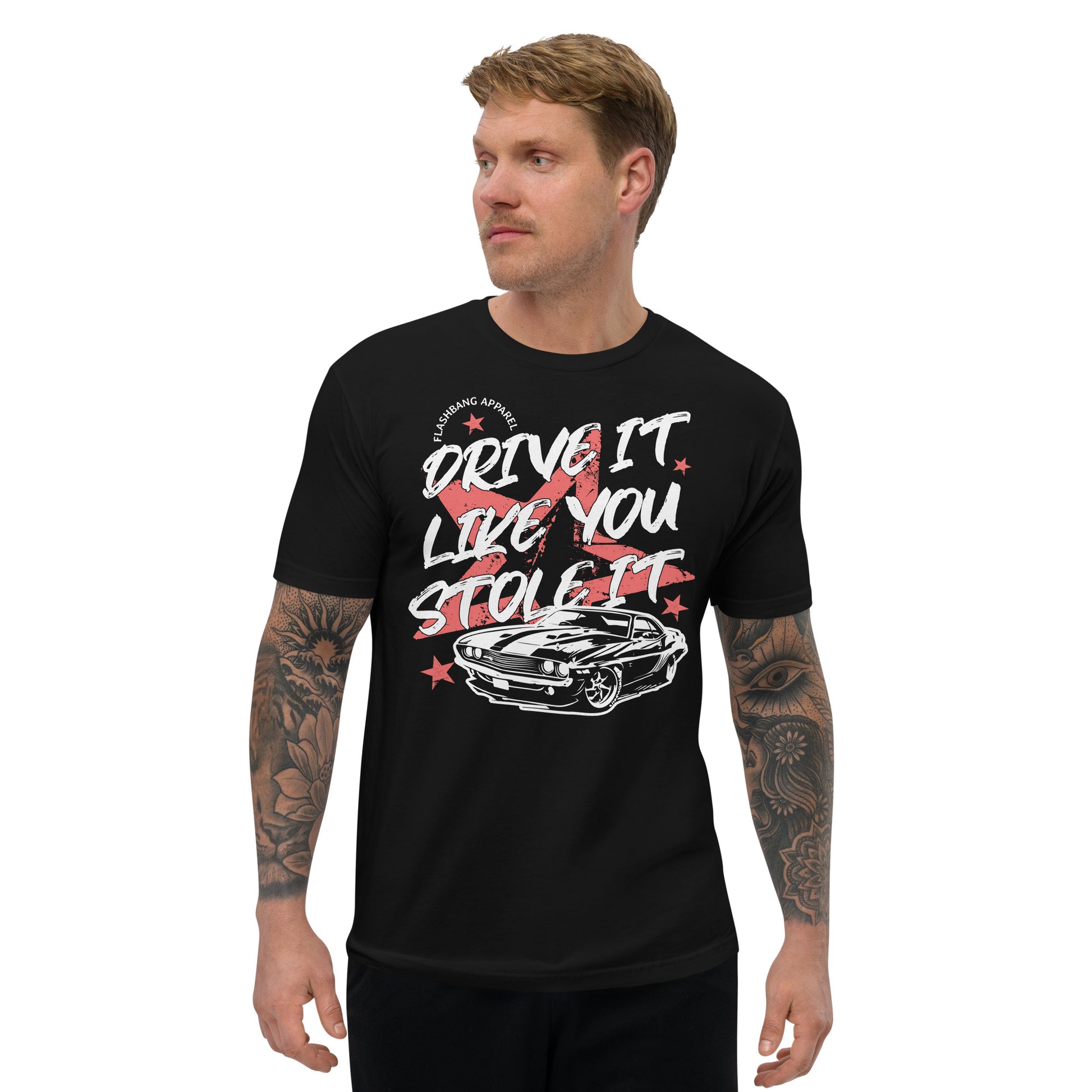 Man wearing a black t-shirt with a graphic design and text on a white background