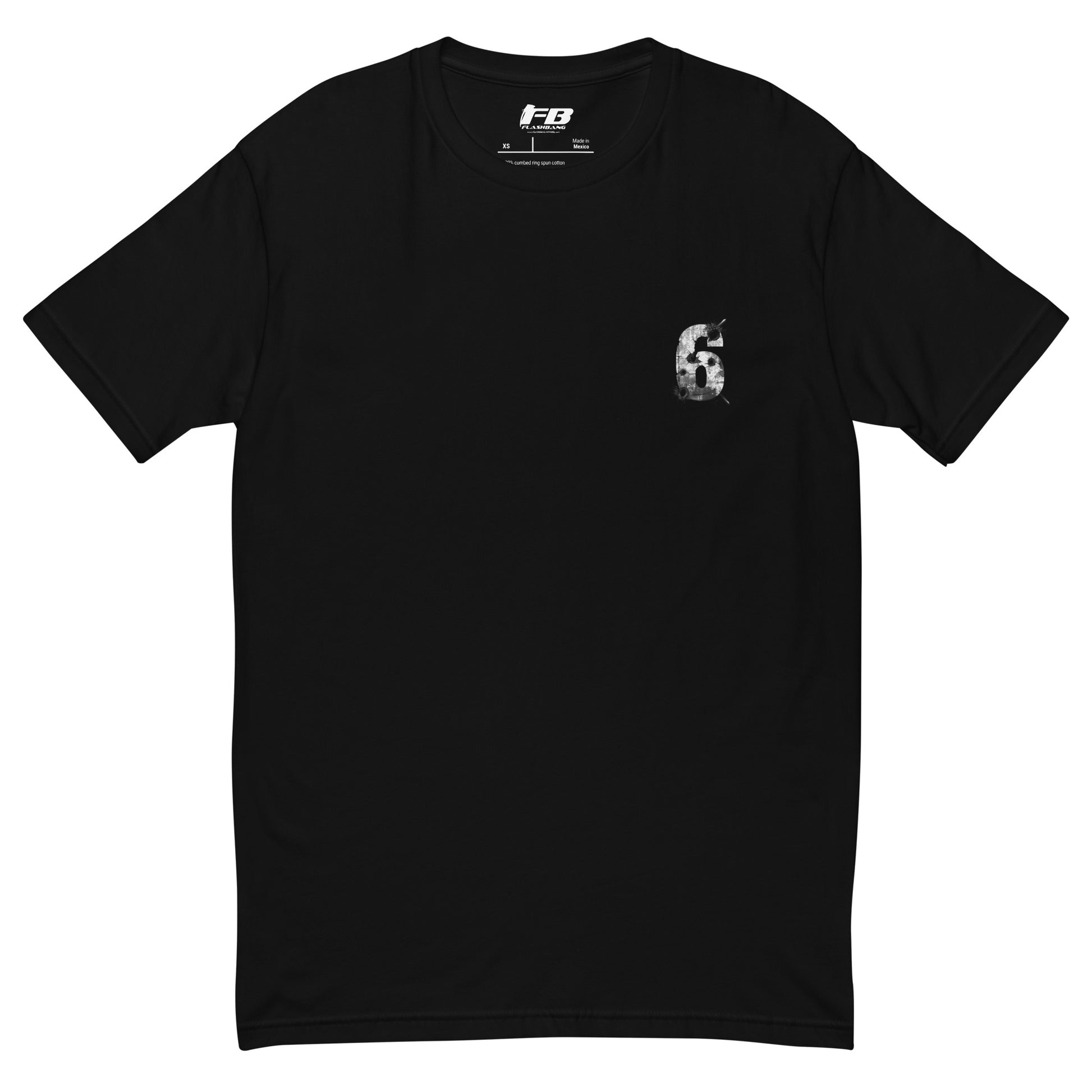 Black t-shirt with a small logo on the chest against a white background