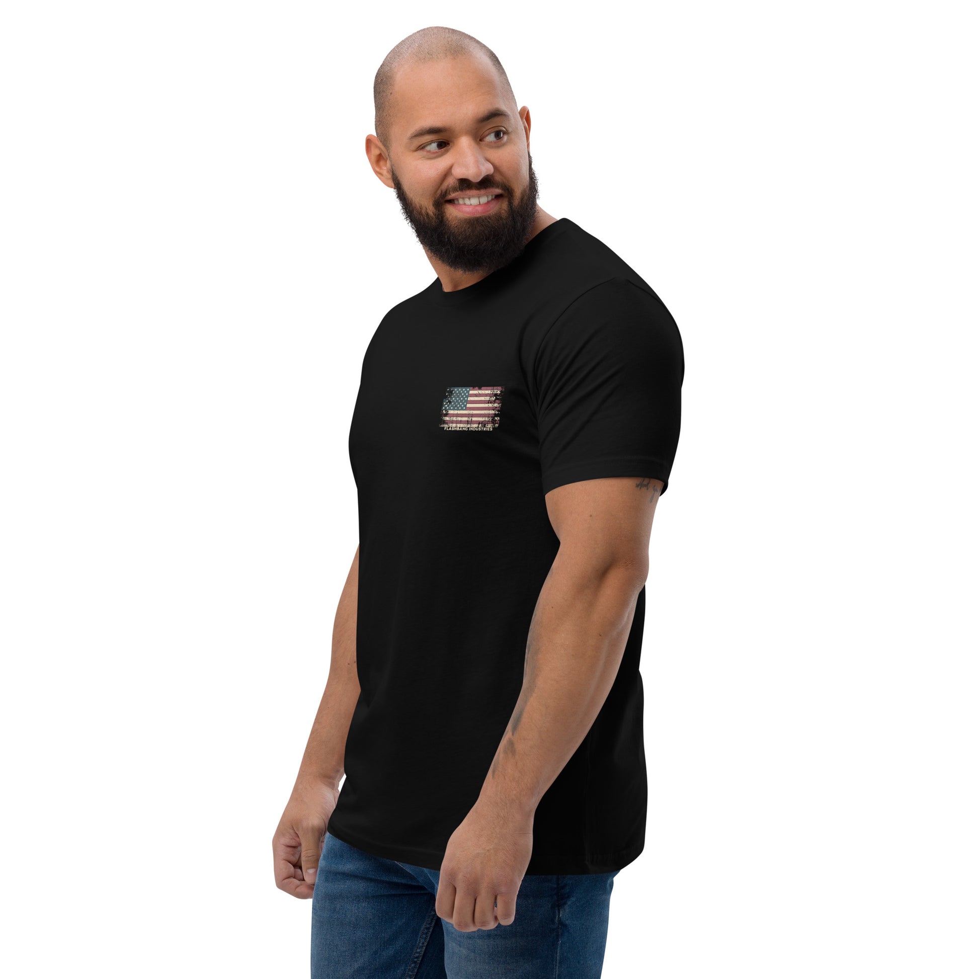 US Army T-shirt with USA flag and skull design. Operator T-shirt for men - Side View -Black - Model Guy