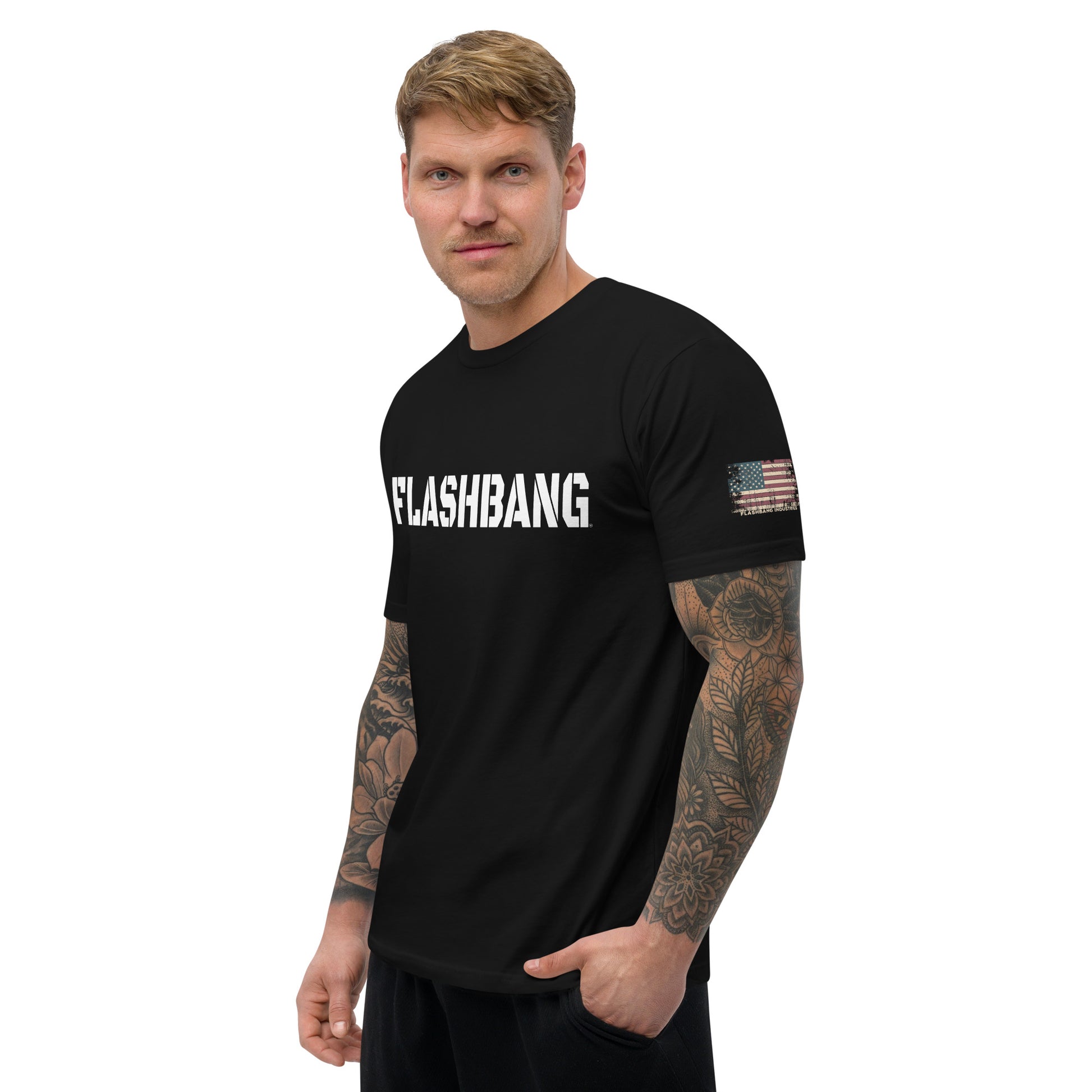 Flashbang Logo T-shirt with American flag graphic, perfect for honoring police and military veterans with durability and comfort - Front View - Black - Model Guy