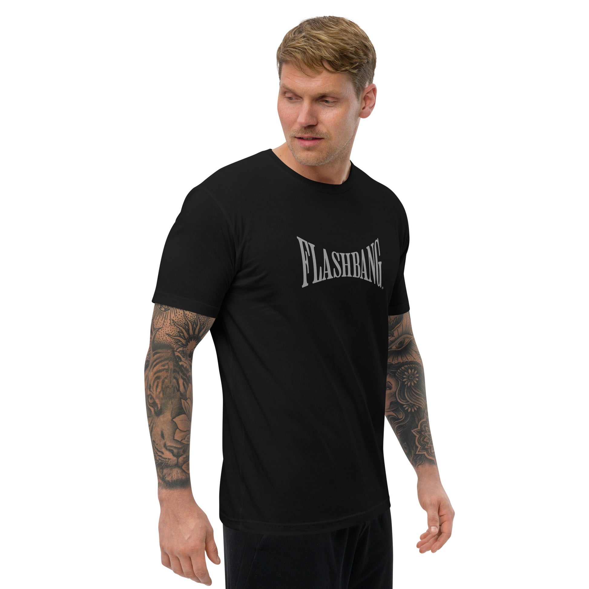 Warrior T-shirt - Train Hard Stay Ready. Veteran support, rugged durability, and powerful quotes for men who train hard - Front View - Black with Flashbang Text - Model Guy