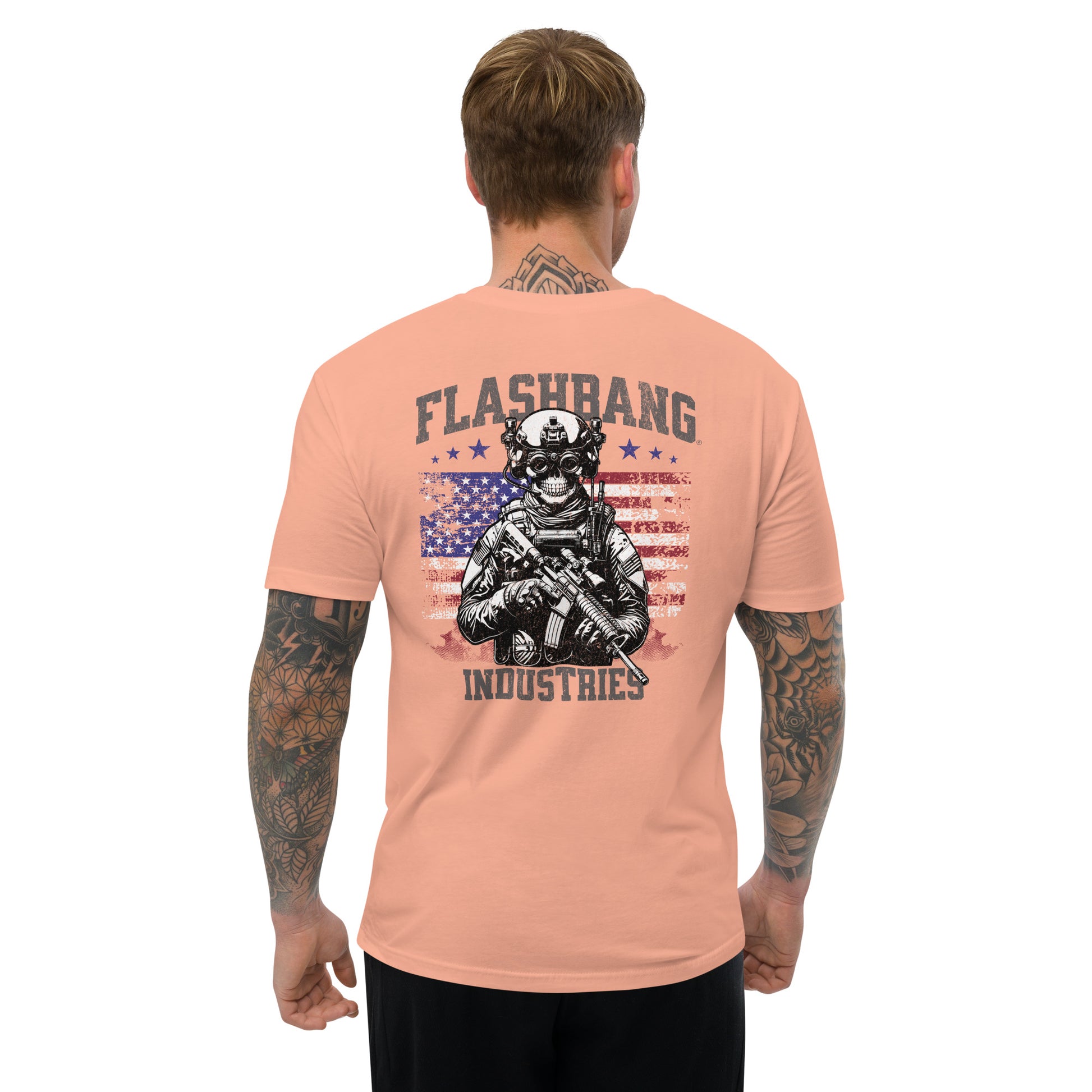 US Army T-shirt with USA flag and skull design. Operator T-shirt for men - Back View - Desert Pink - Model Guy