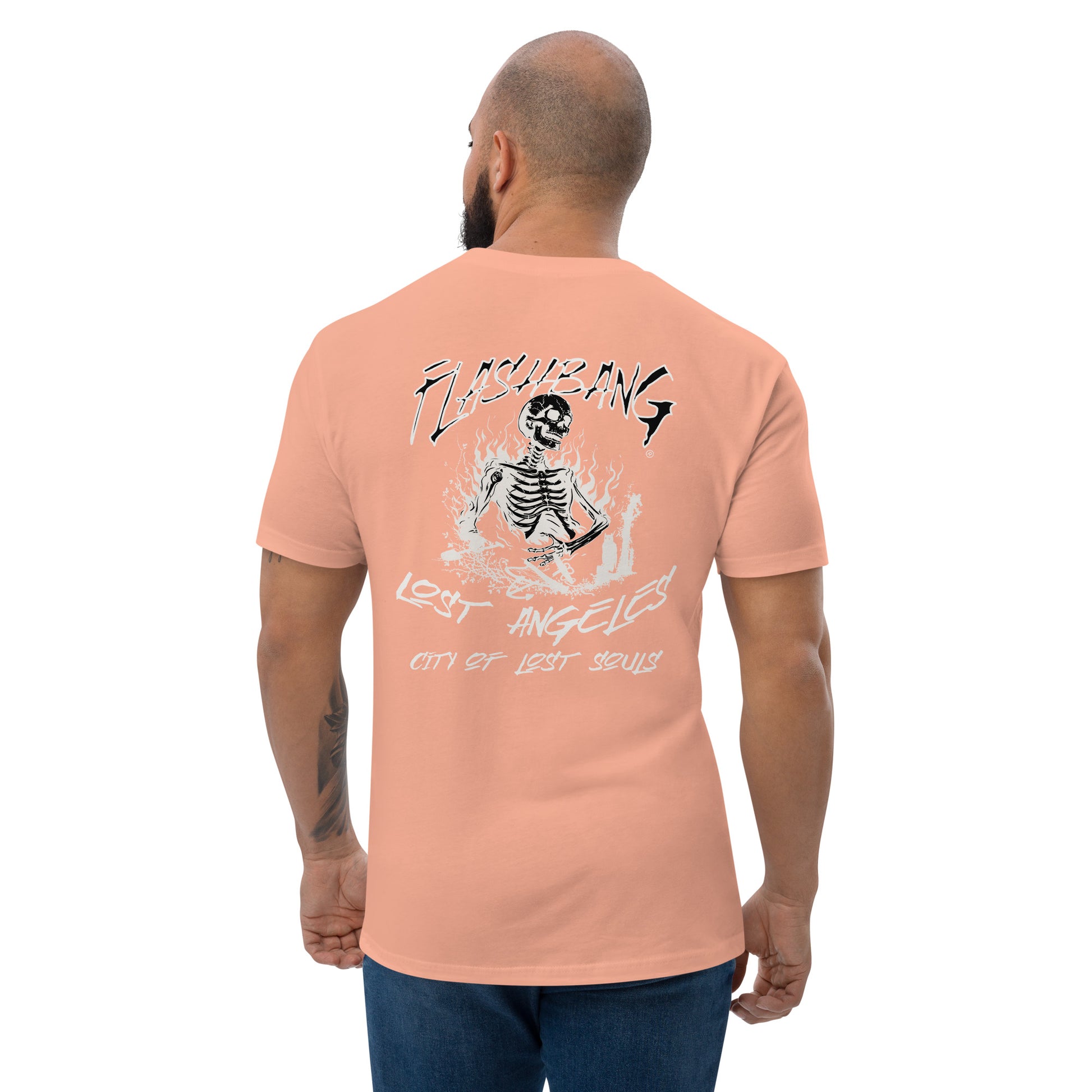 LA Lost Souls T-shirt with skeleton design, embodying streetwear LA style and honoring veterans - Back View - Desert Pink - Model Guy