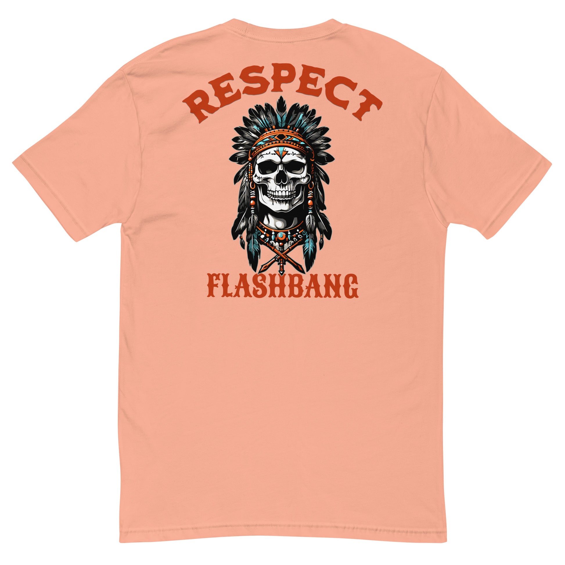 Peach t-shirt with a skull wearing an Indian headdress and text 'RESPECT' and 'FLASHBANG' on a white background.