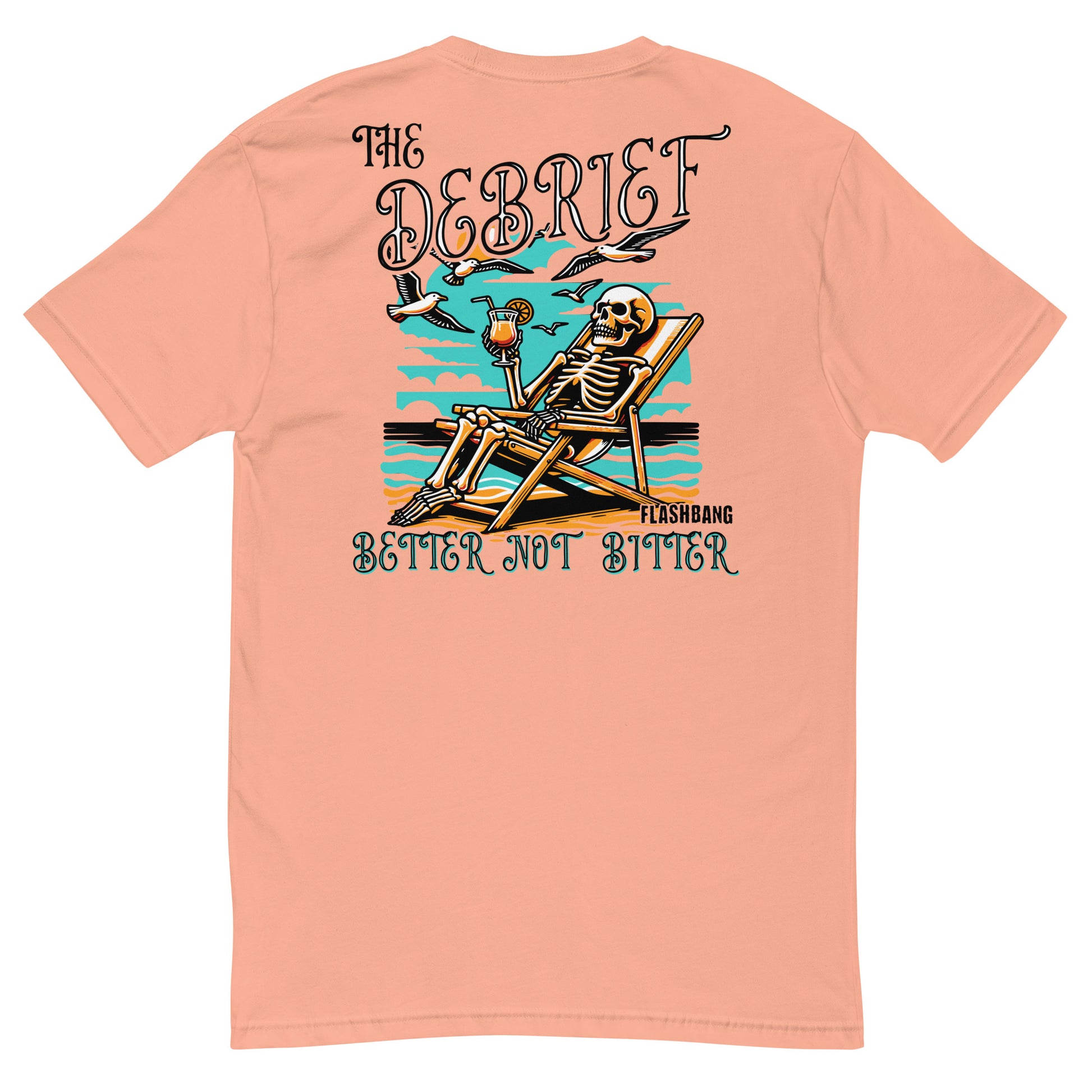 Peach t-shirt with a skeleton design and text on the back, on a white background