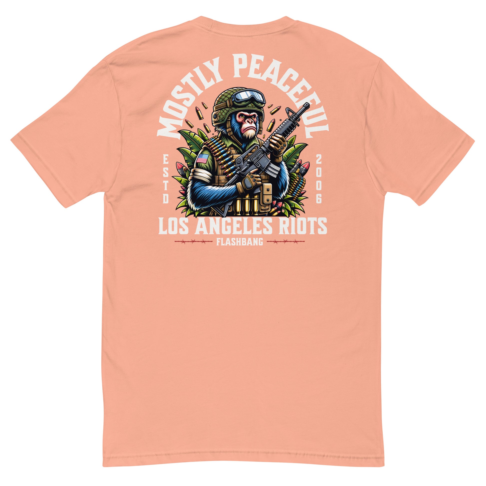 Peach t-shirt with graphic design and text on a white background