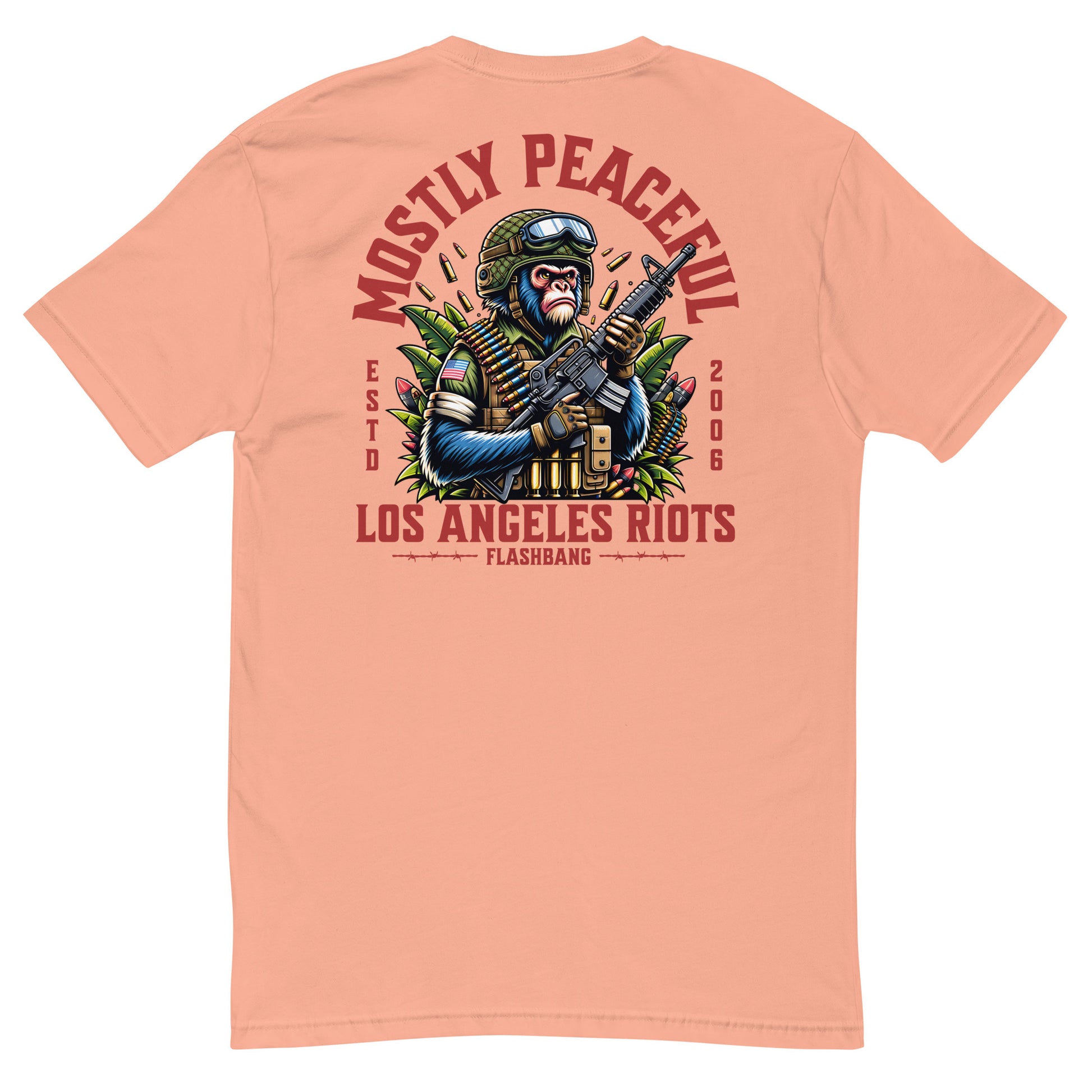 Peach t-shirt with graphic design and text on a white background