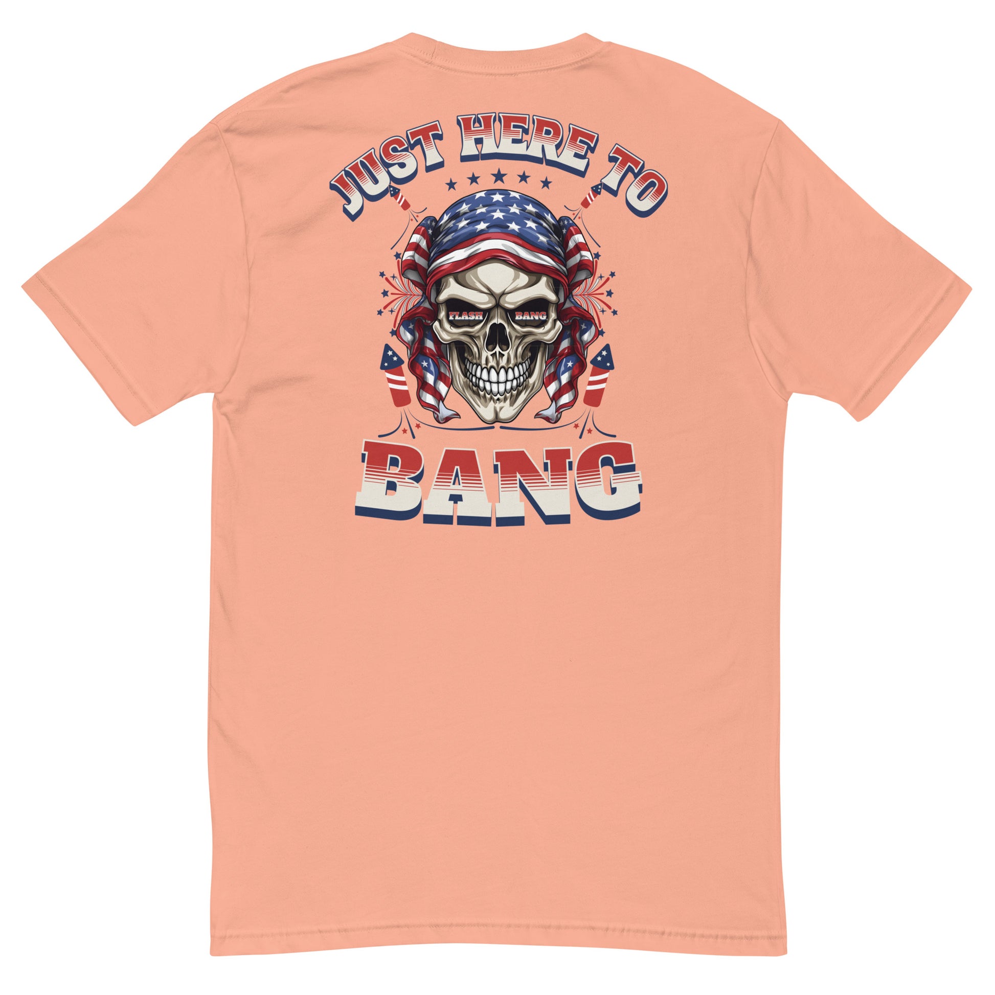 Peach t-shirt with a skull graphic and text 'Just Here To Bang' on a white background