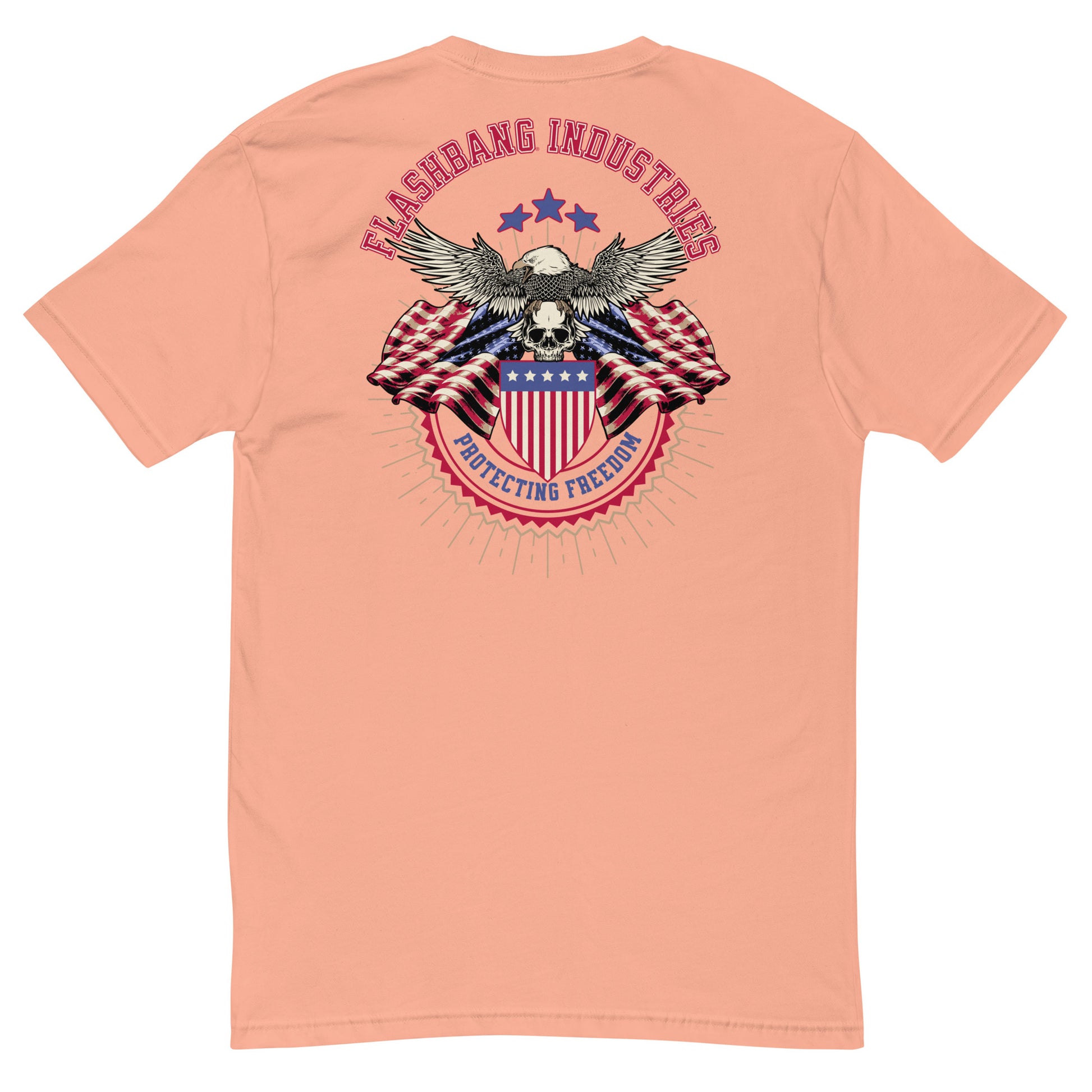 Peach t-shirt with an eagle and American flag design on the back, featuring the text 'Flashbang Industries Protecting Freedom'.