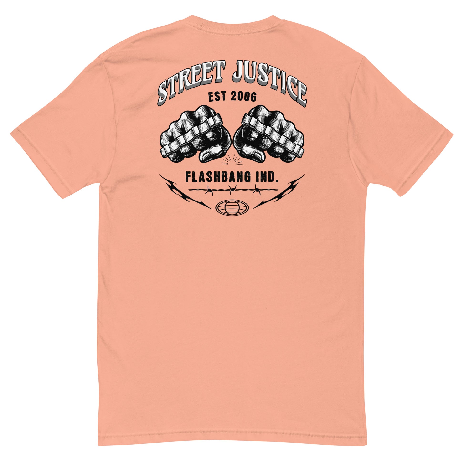 Peach t-shirt with 'Street Justice' and 'Flashbang Ind.' design on the back