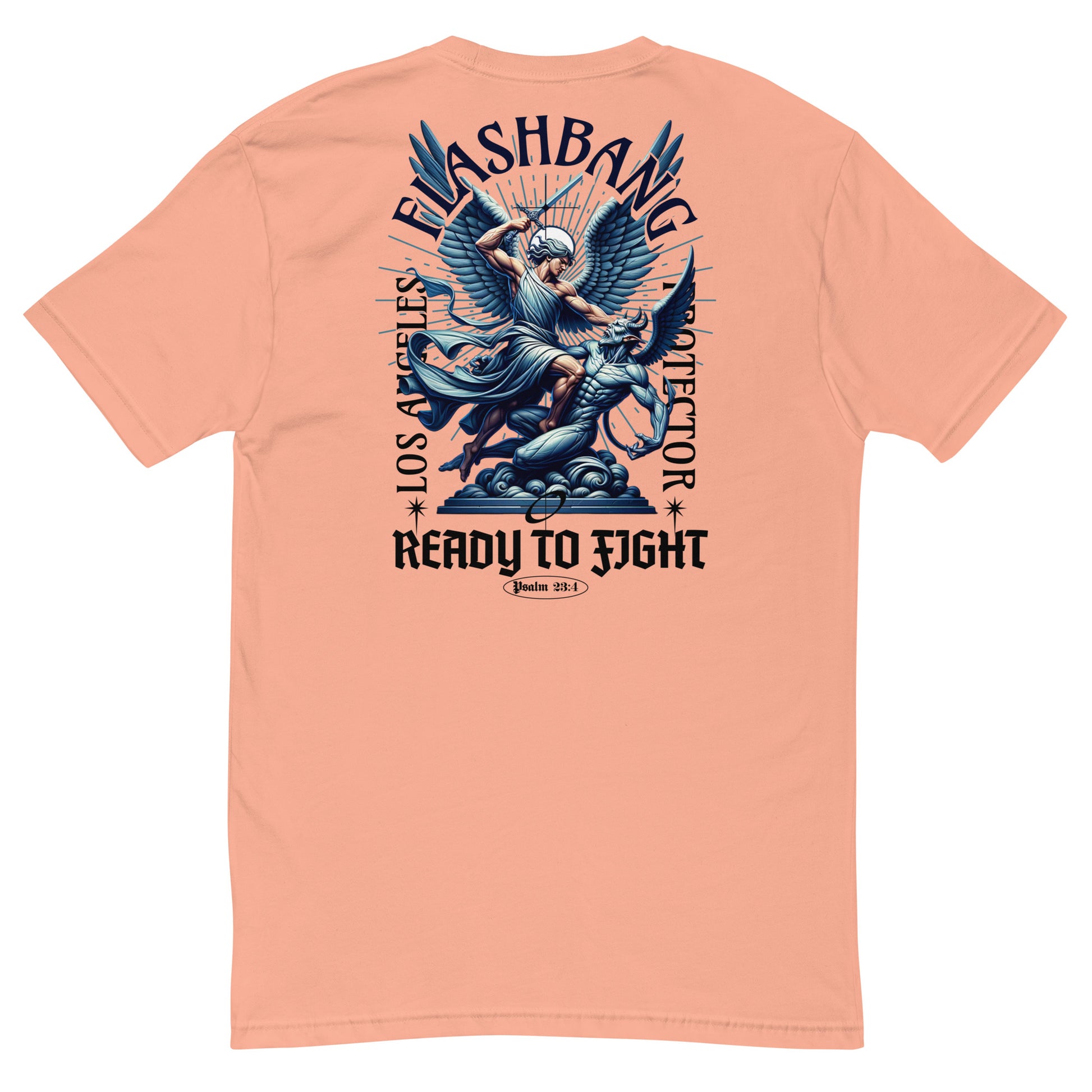 Peach t-shirt with graphic design and text on the back on a white background