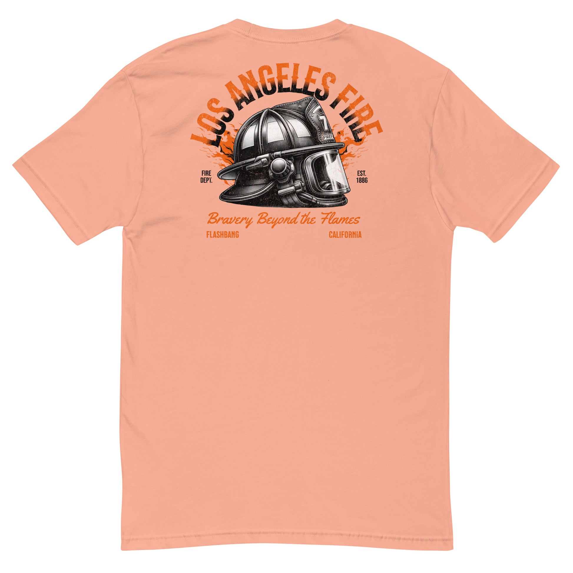 Peach t-shirt with a fire helmet graphic and text on the back