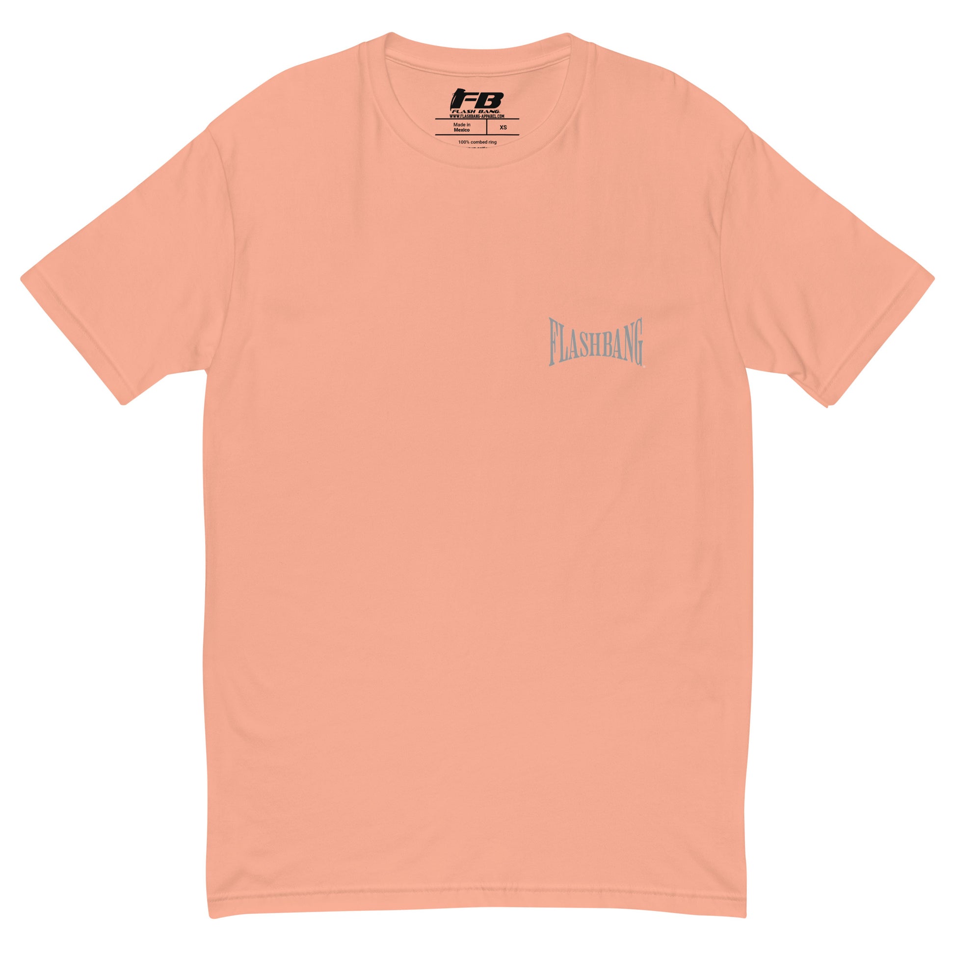 Proud American T-shirt with American flag graphic - Front View - Desert Pink with Flashbang Text