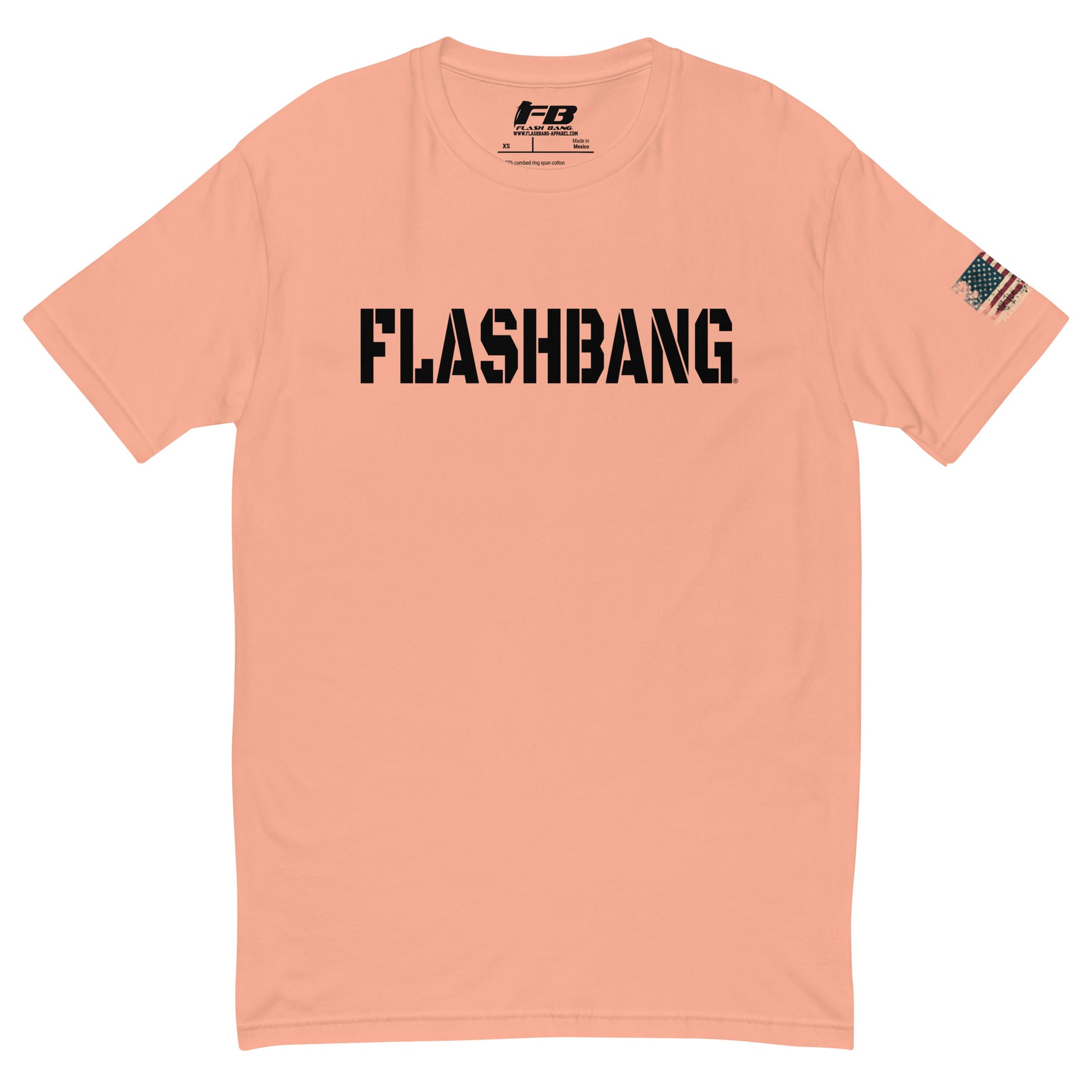 Flashbang Black Logo T-shirt featuring American flag graphic - Front View - Desert Pink with Flashbang Text
