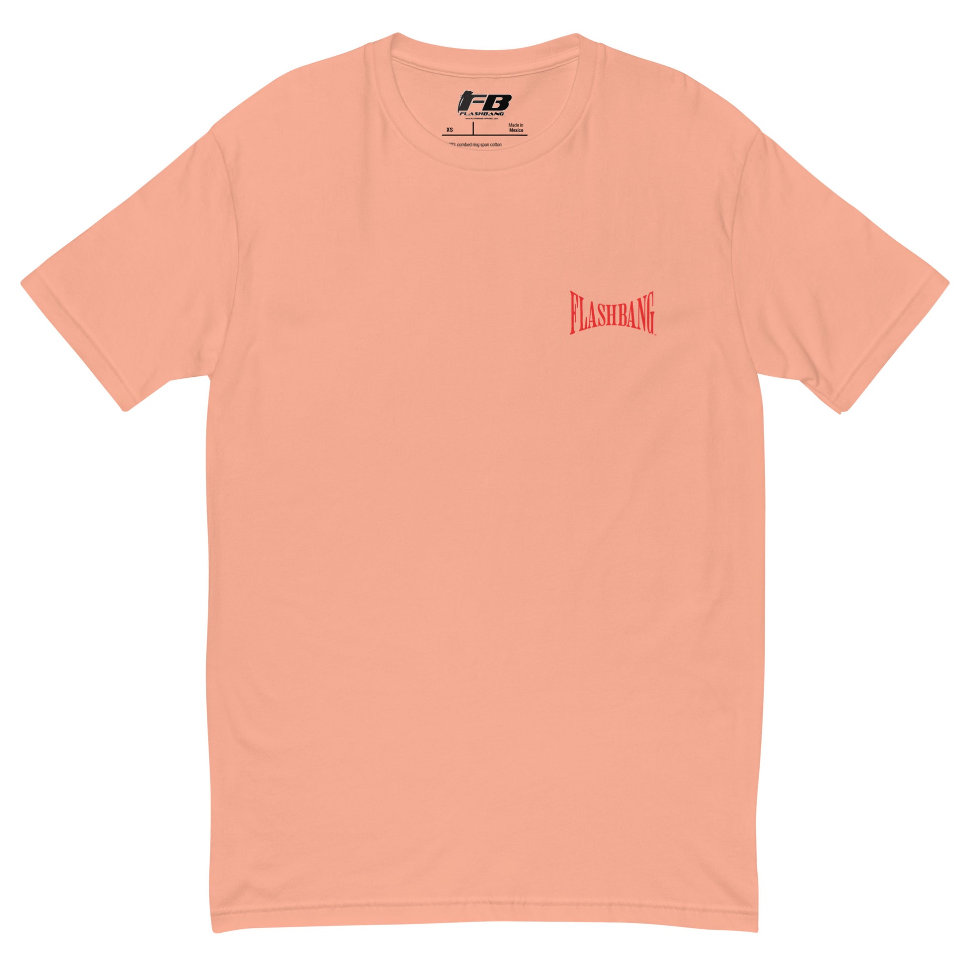 Peach t-shirt with a logo on the chest on a white background