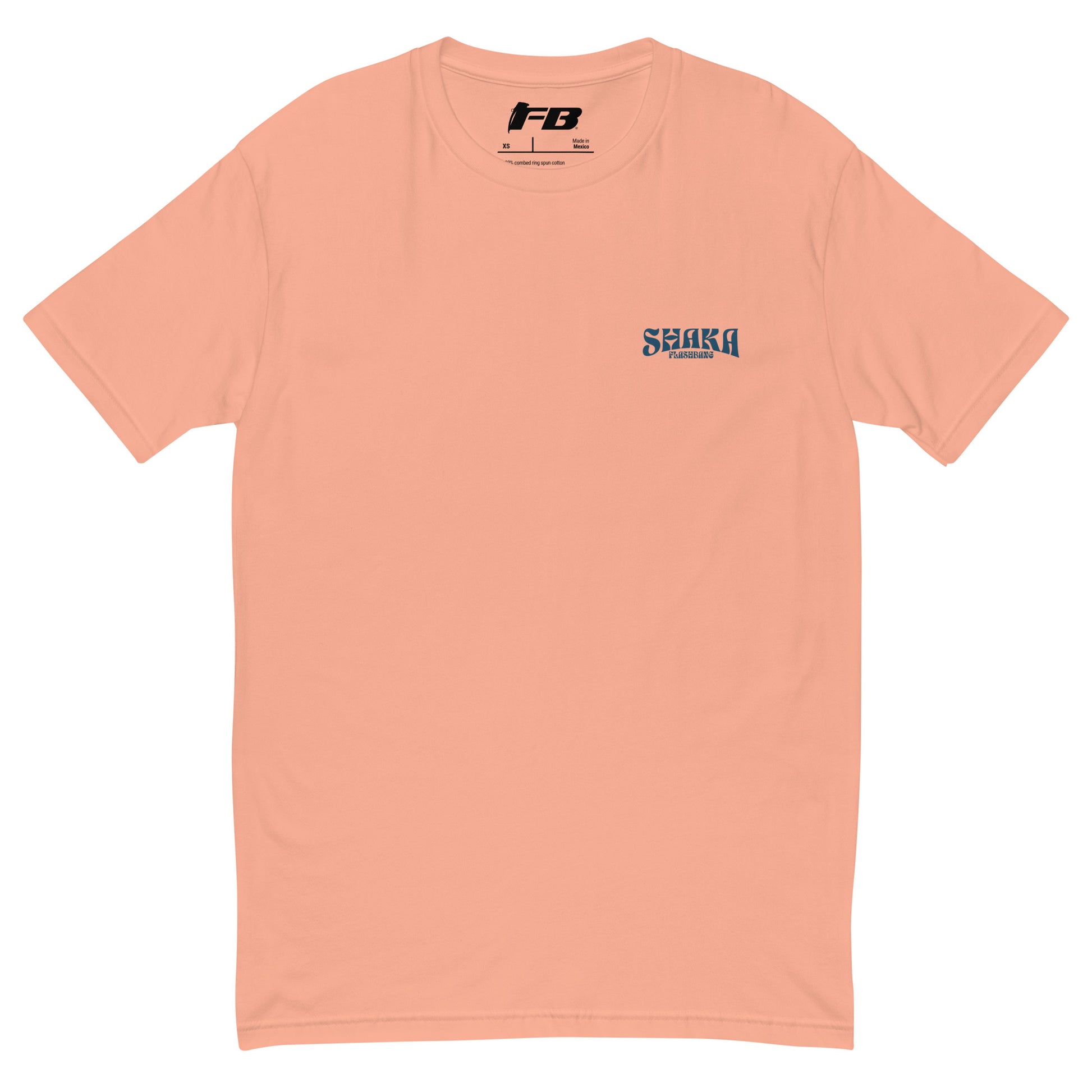 Peach t-shirt with logos on a white background