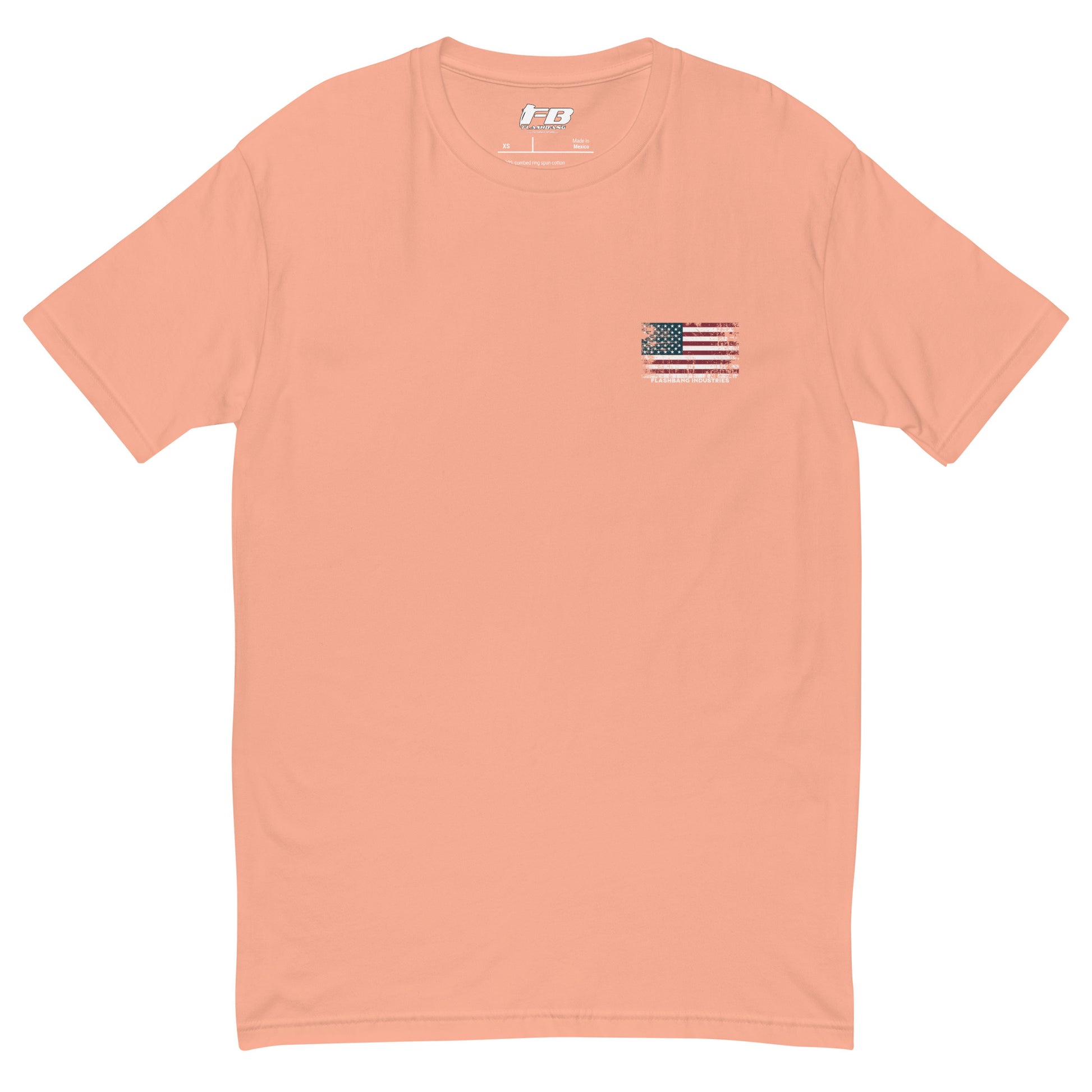 Peach t-shirt with a small American flag graphic on a white background