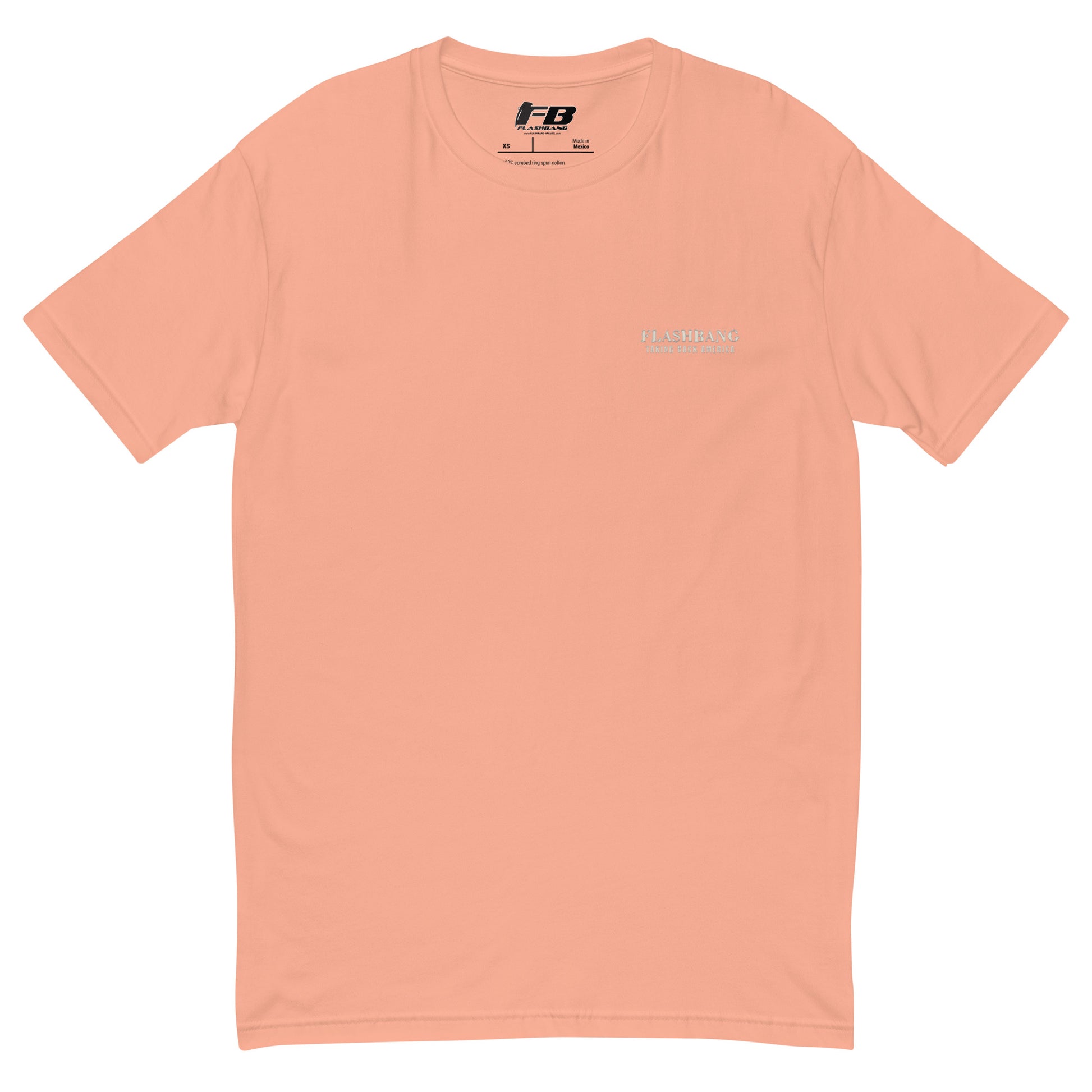 Peach-colored t-shirt with a logo on a white background