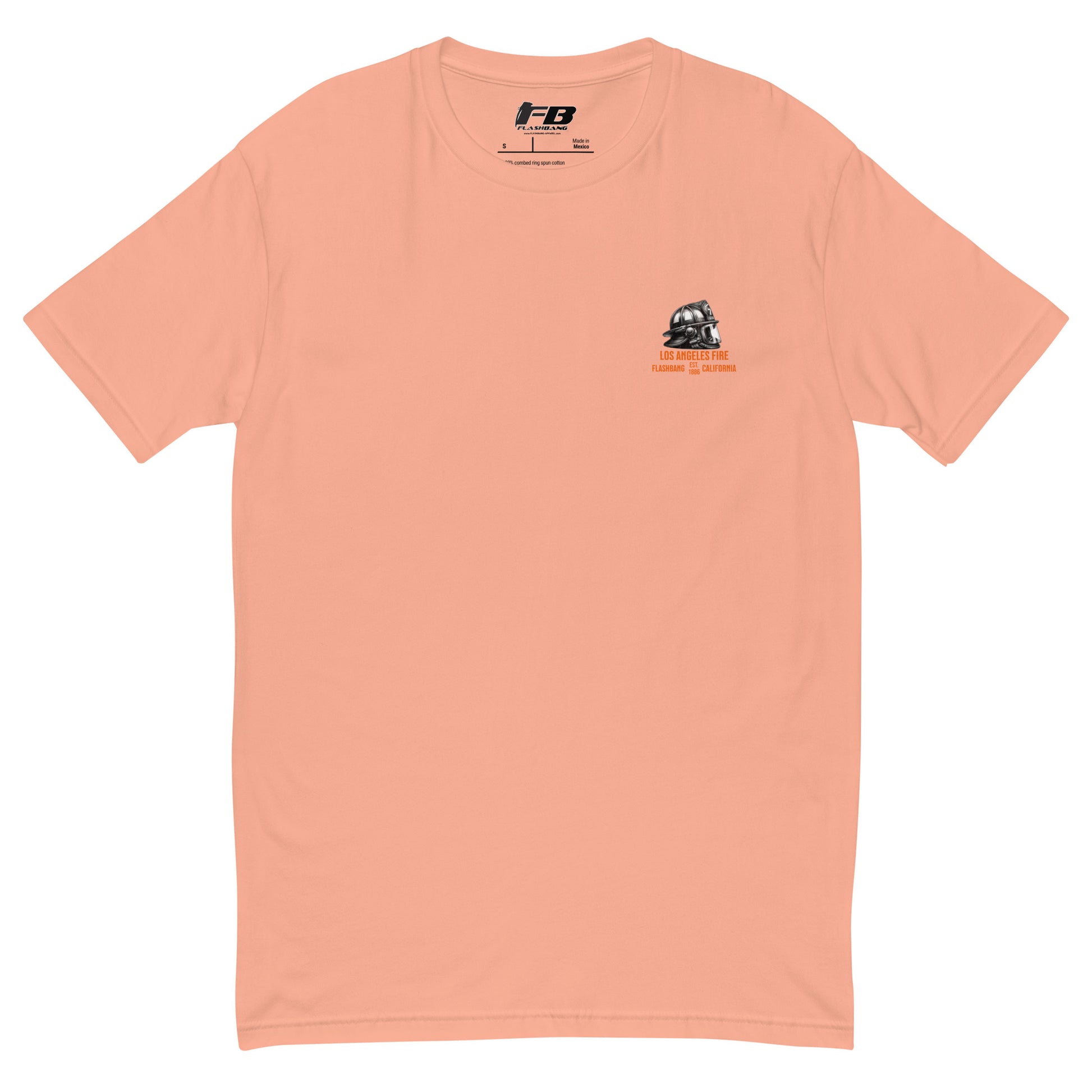 Peach t-shirt with a small logo on the chest against a white background