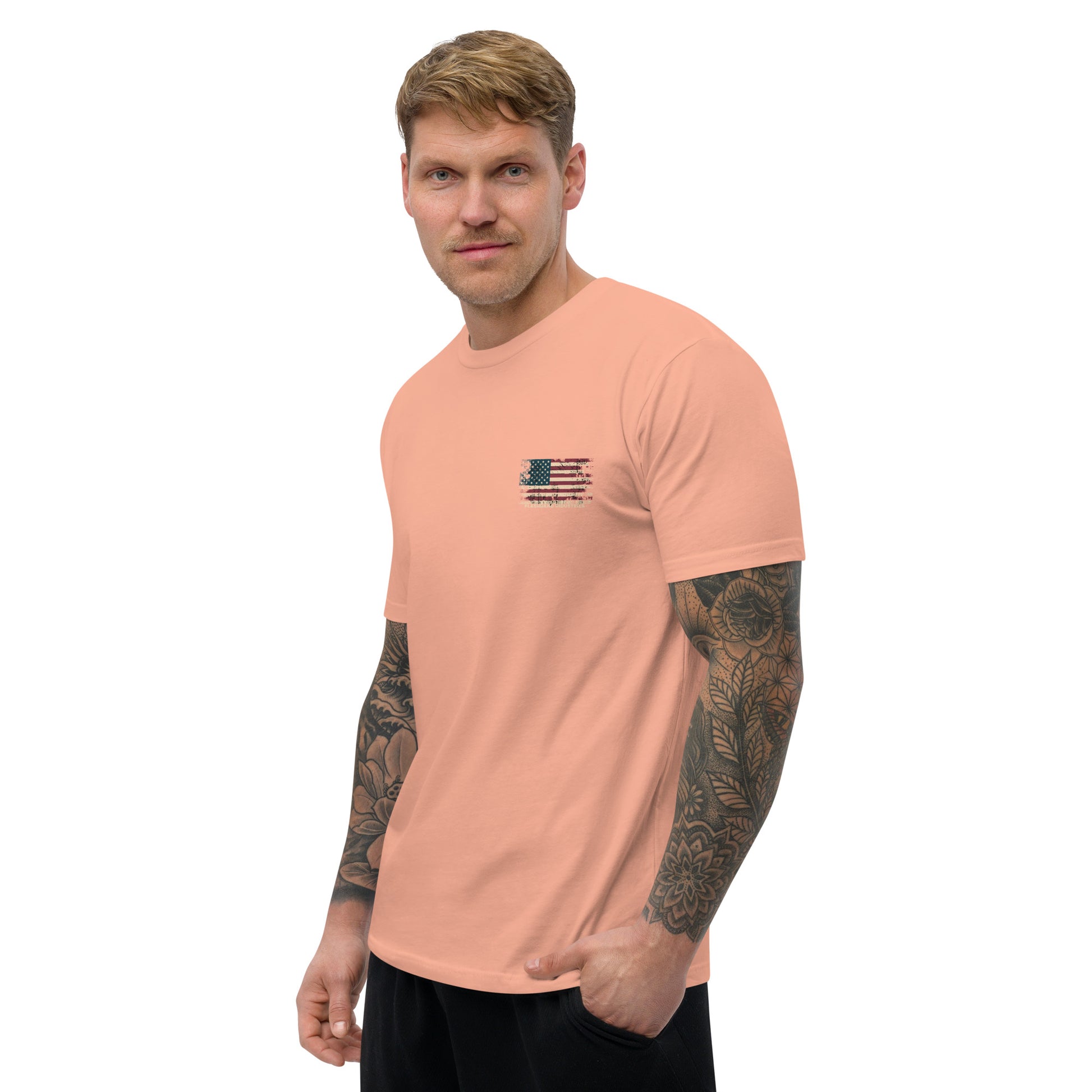 US Army T-shirt with USA flag and skull design. Operator T-shirt for men - Front View - Desert Pink - Model Guy