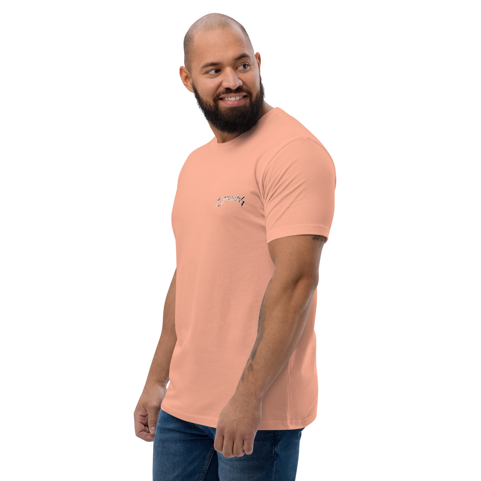 LA Lost Souls T-shirt with skeleton design, embodying streetwear LA style and honoring veterans - Side View - Desert Pink - Model Guy