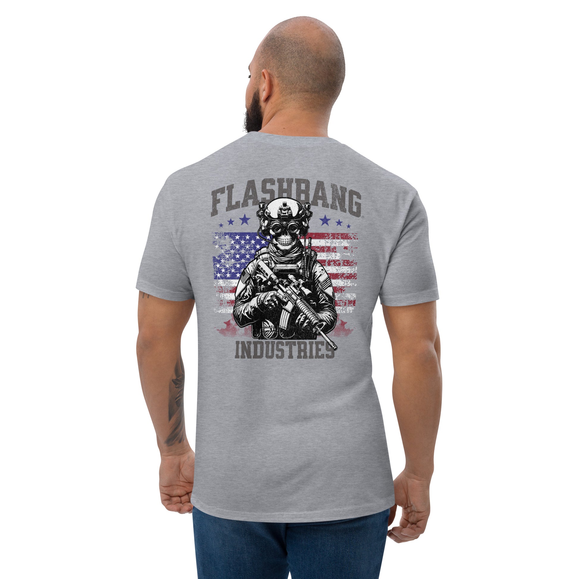 US Army T-shirt with USA flag and skull design. Operator T-shirt for men - Back View - Heather Grey - Model Guy