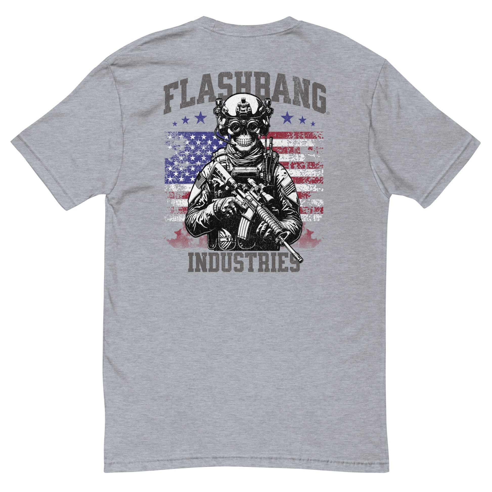 US Army T-shirt with USA flag and skull design. Operator T-shirt for men - Back View - Heather Grey