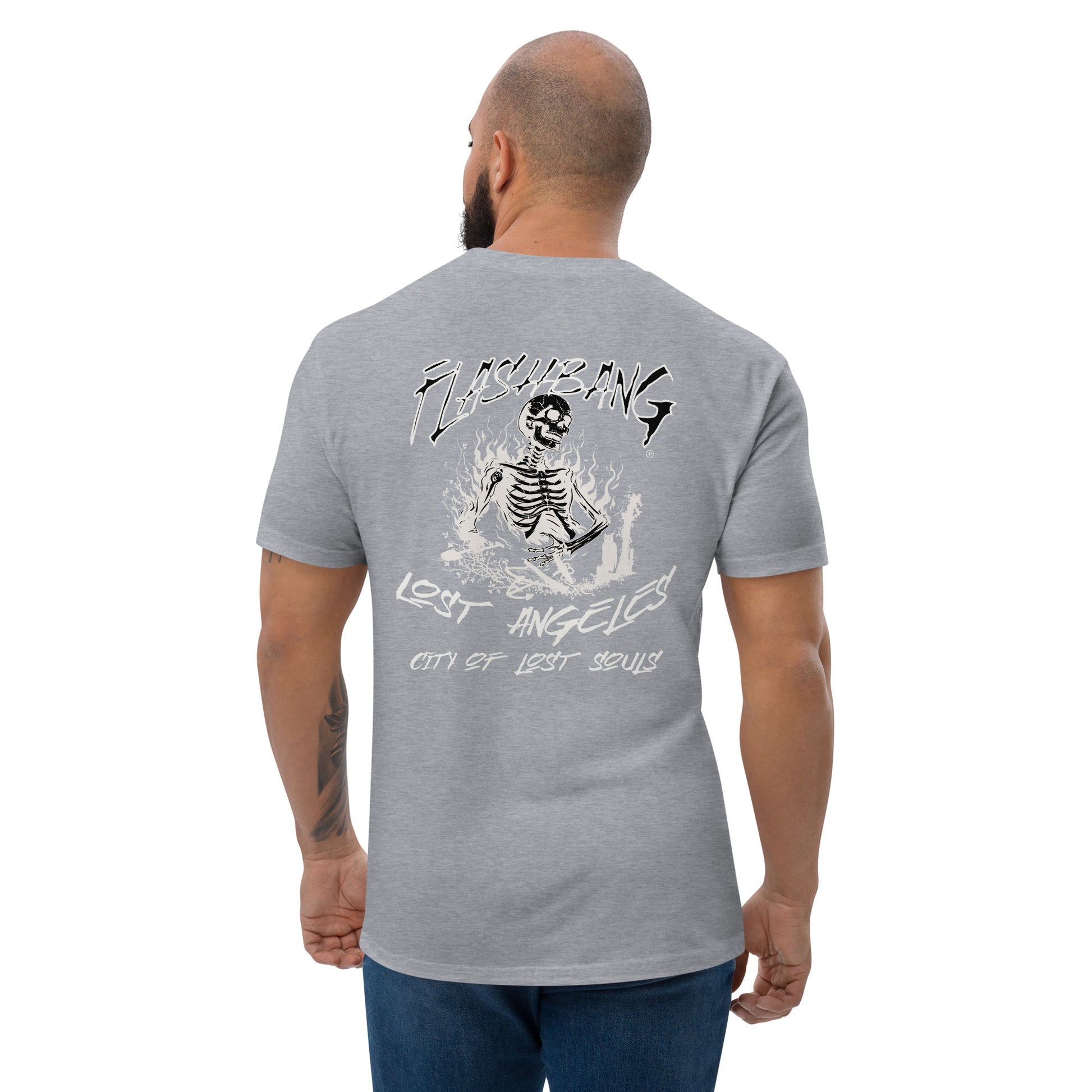 LA Lost Souls T-shirt with skeleton design, embodying streetwear LA style and honoring veterans - Back View - Heather Grey - Model Guy