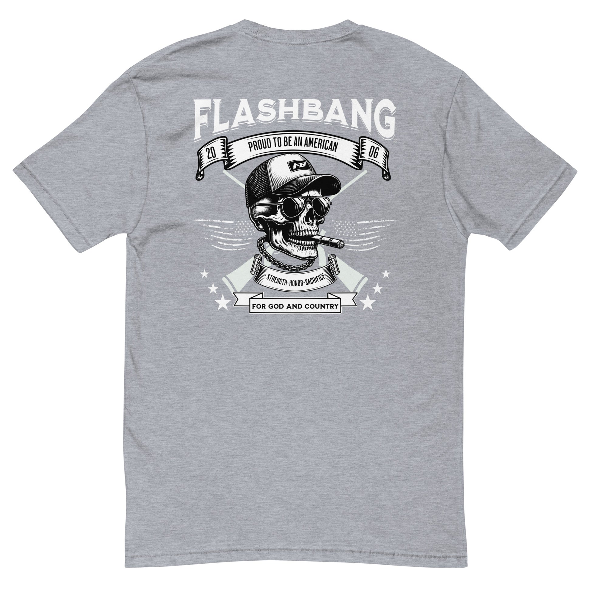 Proud American T-shirt with American flag graphic - Back View - Heather Grey