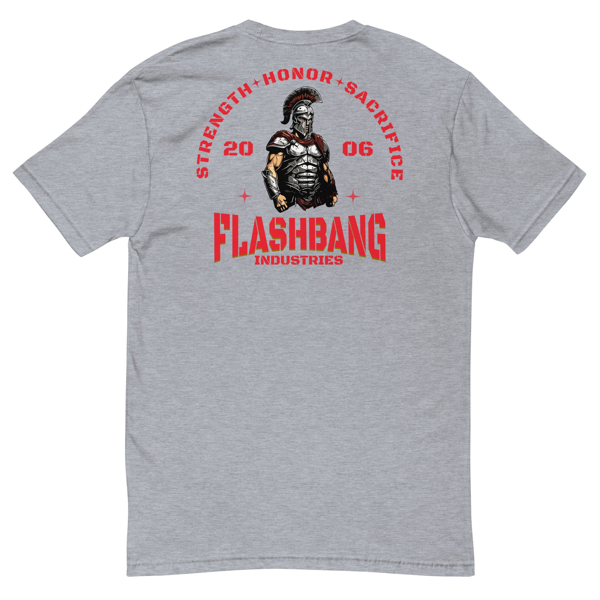 Strength Honor Sacrifice Lite T-shirt featuring warrior, spartan, and gladiator design for men who value strength, honor, and sacrifice - Back View - Heather Grey